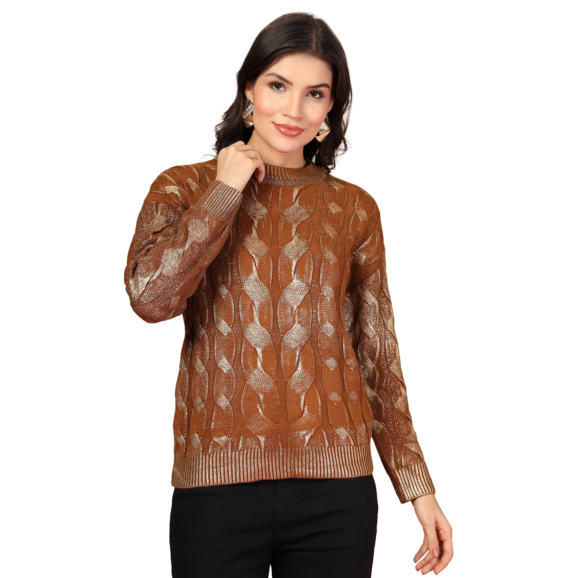 thirty threads Women Woollen Self Design Pullover Sweater Tan_T5W 25202-picture-21