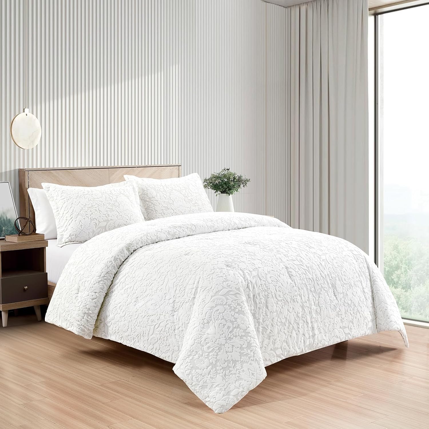 Sunshine Nicole Velvet Jacquard Comforter Set, Velvet Jacquard Face and Brushed Solid Microfiber Reverse, with Light Weight Soft Poly Fill, 3 Pieces White, Queen