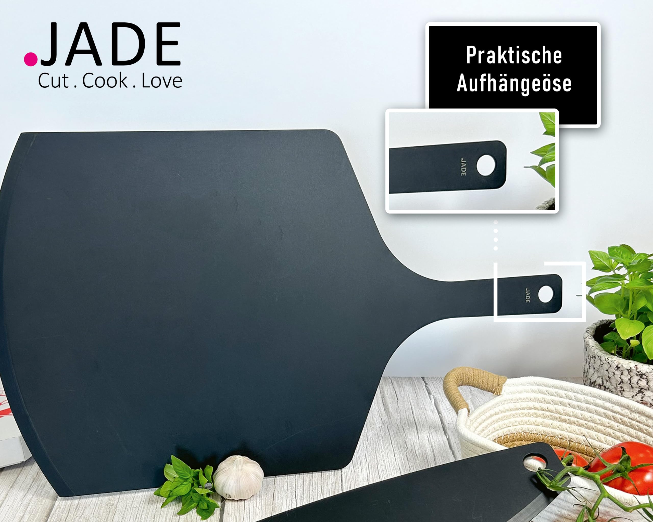 JADE Servier-/Schneidebrett "Pizza", Zellulose-Laminat, spülmaschinenfest, hygienisch, messerschonend, extrem robust, hitzebeständig bis 176°C, Aufhängeöse, praktischer Griff, BPA-frei