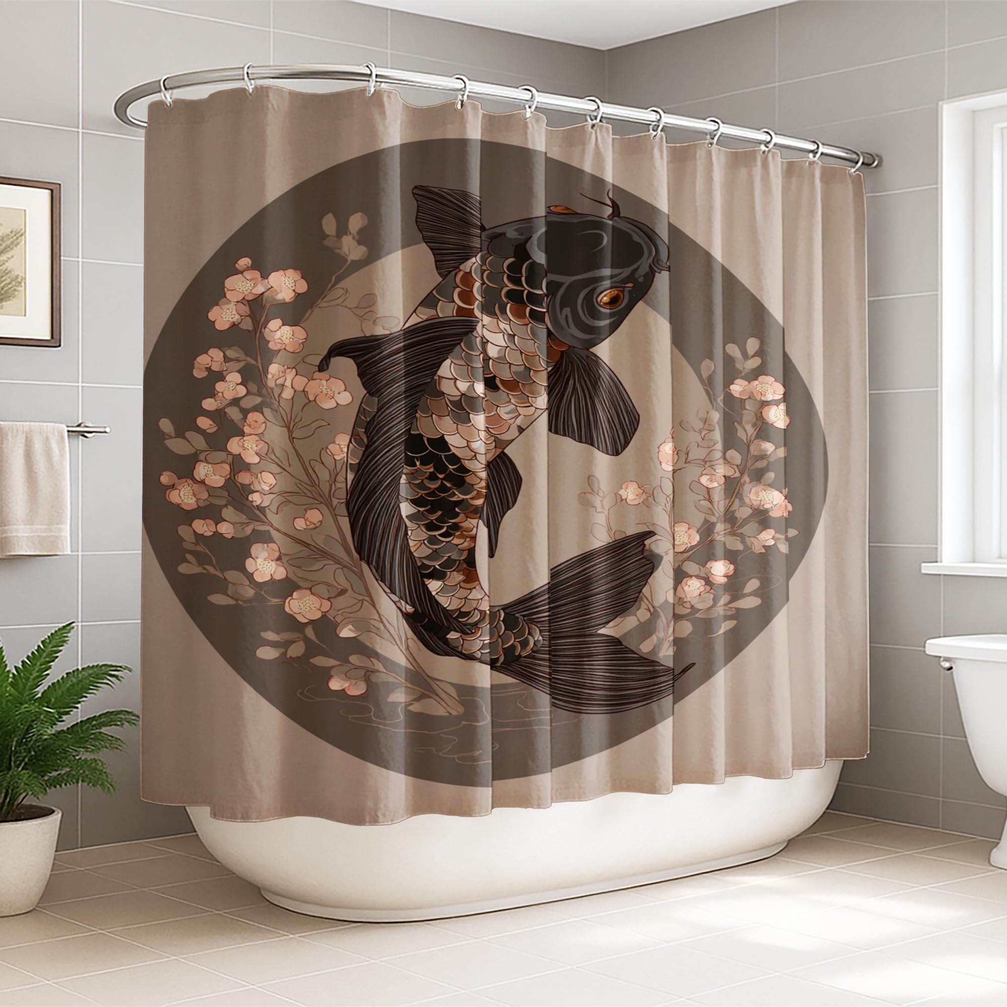 Rideau de douche en polyester de qualité supérieure motif poissons asiatiques et fleurs zen