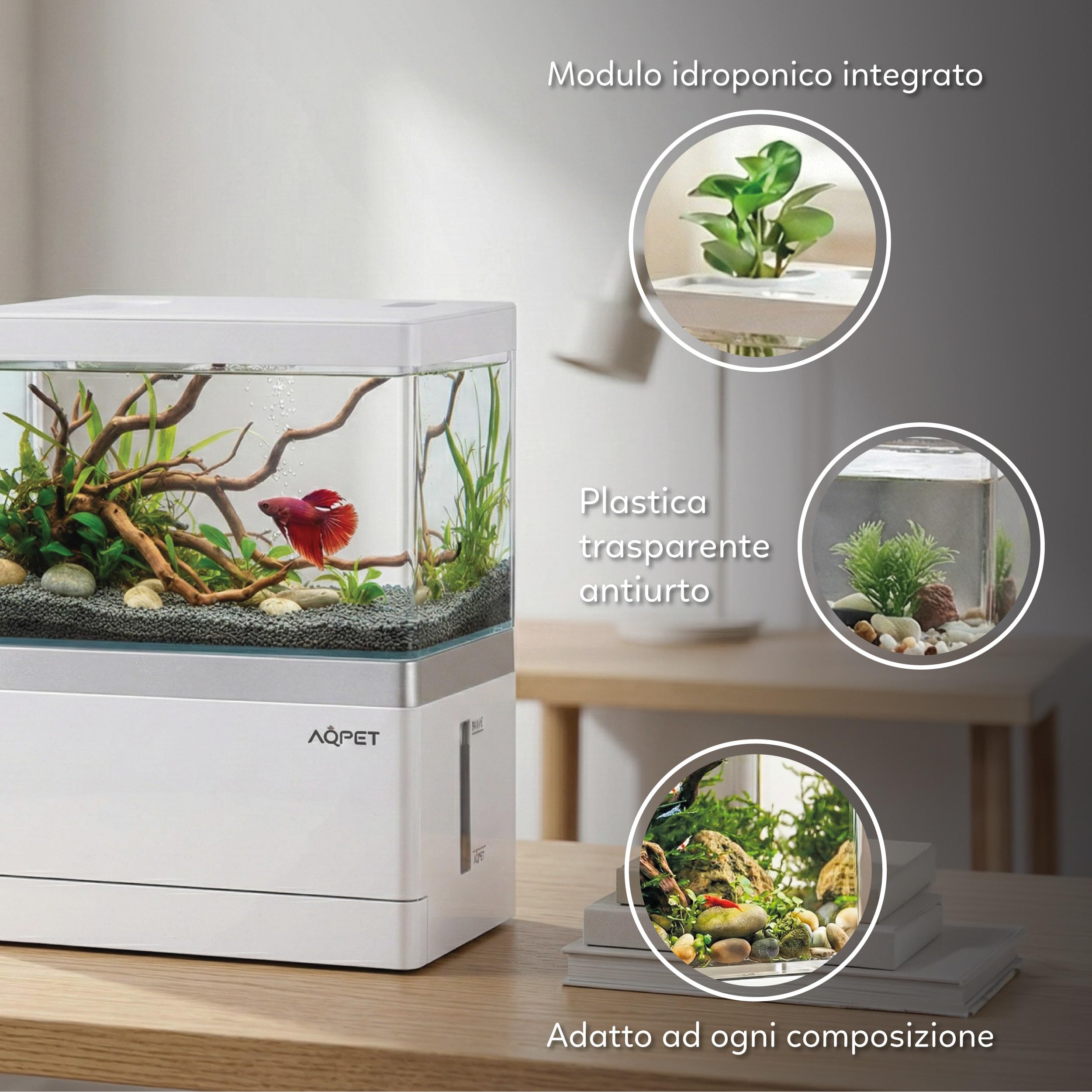 AQPET HYDO Acquario da Scrivania Multifunzionale in Acrilico con Dock Station per Smartphone – Mini Acquario con Pompa e Filtro, LED 5 Modalità e Modulo Idroponico, Ideale per Betta e Caridine