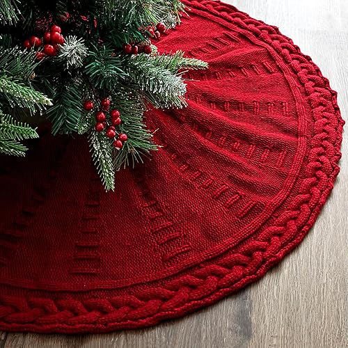 Falda de árbol de Navidad de 36 pulgadas: falda de árbol de 6 pies, falda de árbol pequeño de punto trenzado color rojo vino, faldas de árbol