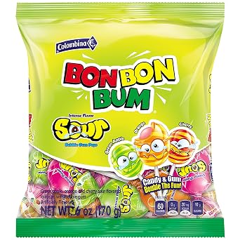 Colombina Bon Bon Bum Intense Sour Lollipops, Assorted Sour Fruit Flavors with Bubble Gum Center, Individually Wrapped, 6 oz Pack of 1