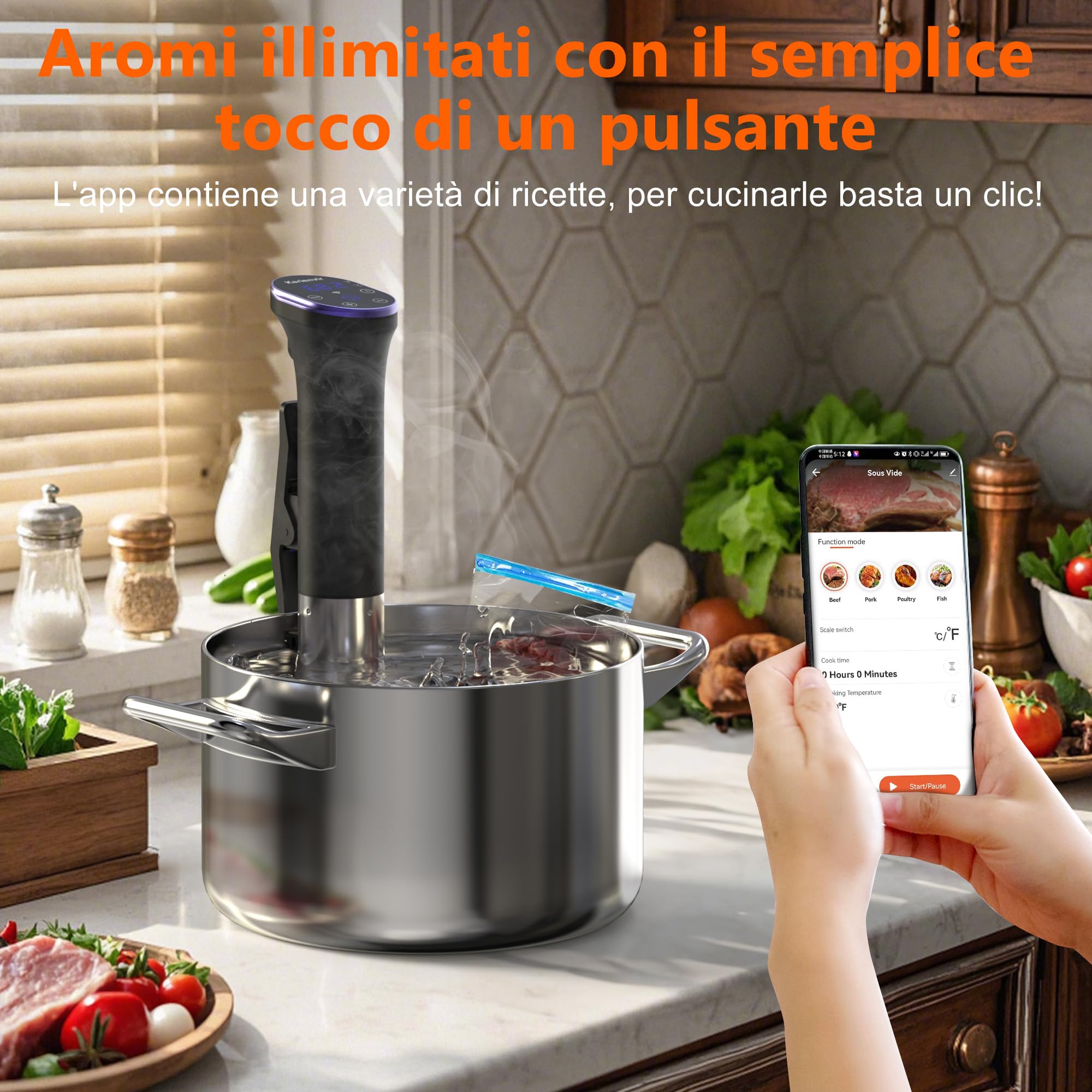 WiFi Sous Vide Roner 1100W, Wi-Fi Roner Cucina a Bassa Temperatura con Controllo APP e Controllo Accurato Della Temperatura, LED Display, Impermeabilità IPX7, 10℃-90℃