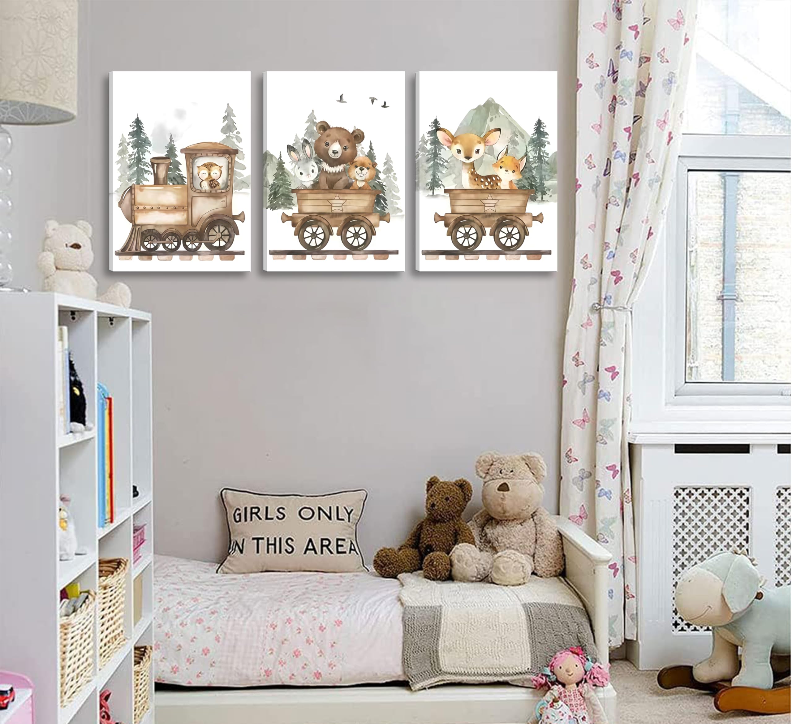Framed Cute Animals Wall Art Set Of 3, Woodland Bear Canoe Adventure