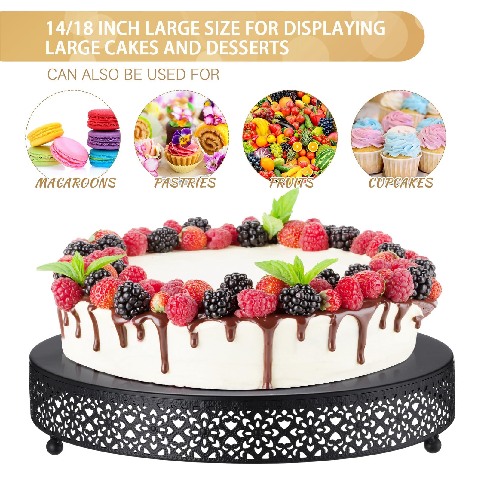 Wenqik Tortenständer, rund, Metall, für Cupcakes, Desserts, Hochzeit, Kuchen, Kekse, Präsentationshalter, Obst-Serviertablett für Tisch, Hochzeit, Geburtstag, Jahrestag, Party, Schwarz, 35,6 cm