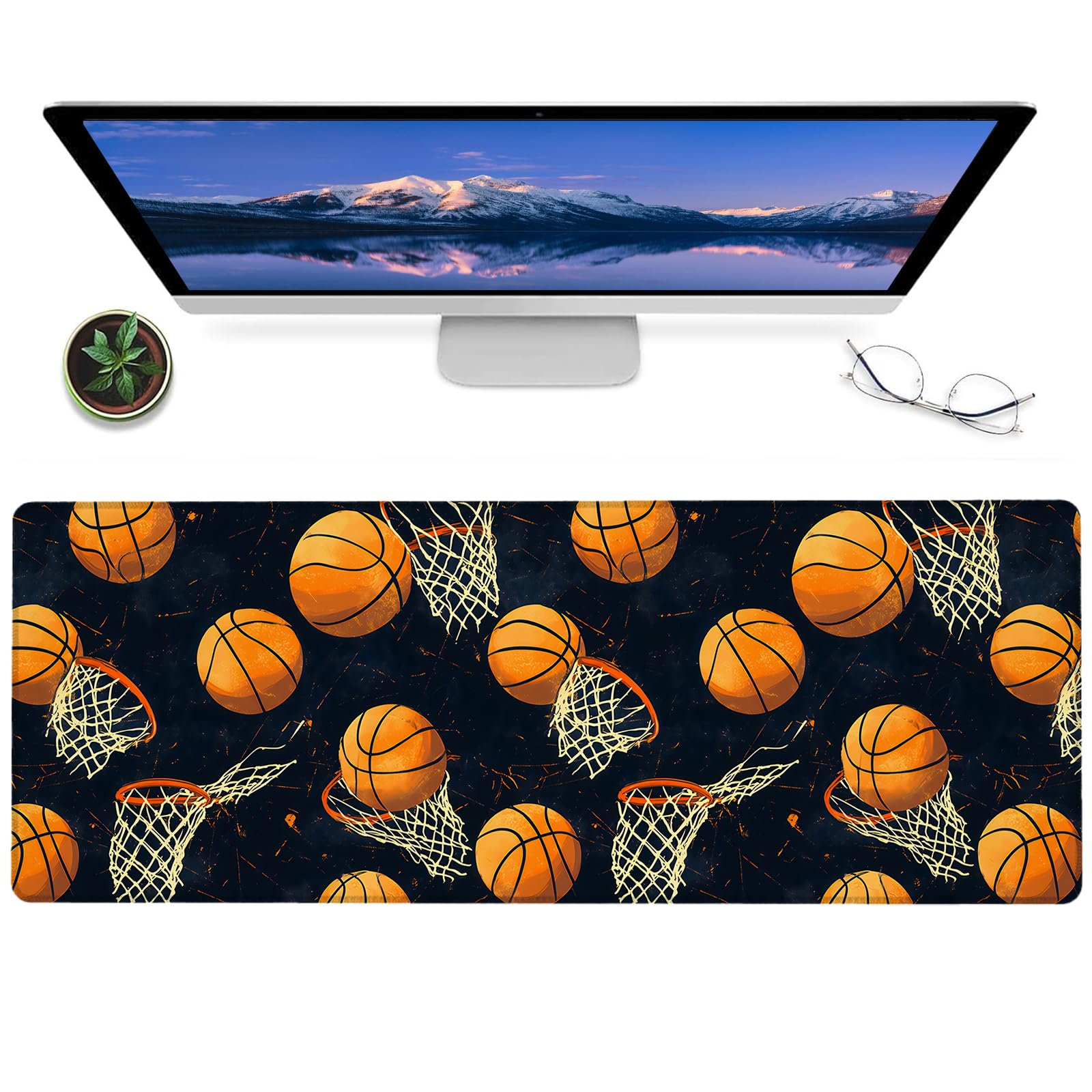 ainori Basketball Hoop and Ball Gaming Mouse Pad,12x31.5in Non-Slip Rubber Dynamic Sport Desk Mat,Large Extended Mousepad for Office Home Laptop,Mice Pads Gifts,Game Lover Deskmat Decor