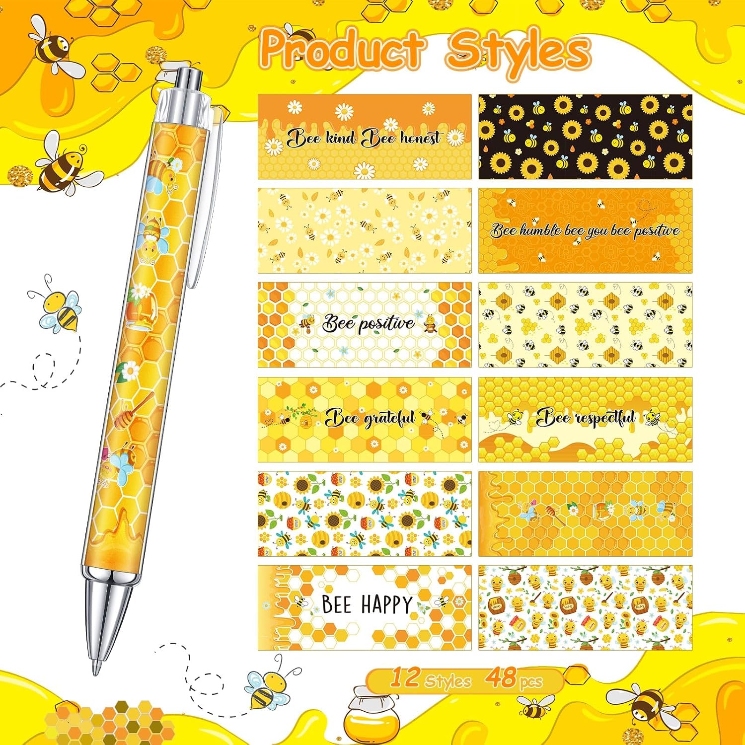 Cholemy 48 Pcs Bee Pens Bulk 12 Style Inspirational Honeybee Retractable Ballpoint Pens Black Ink Motivational Teacher Employee Appreciation Gifts for Office Home Birthday Party Favor(Yellow,bee)