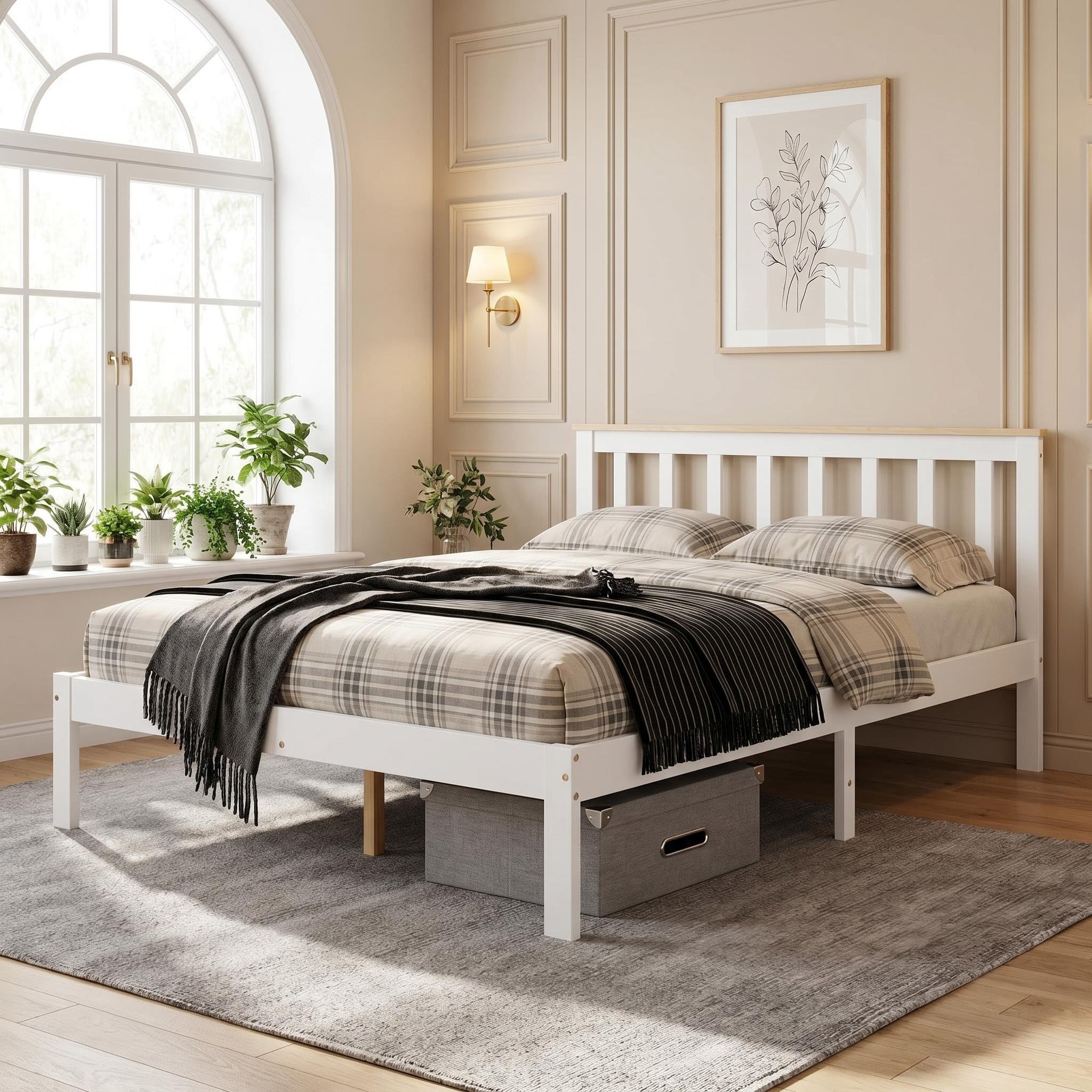 Panana Double Bed, 4ft6, Bed Frame, Solid Pine Wood, Headboard, Low Foot End, Bedroom Furniture (White+Natural)