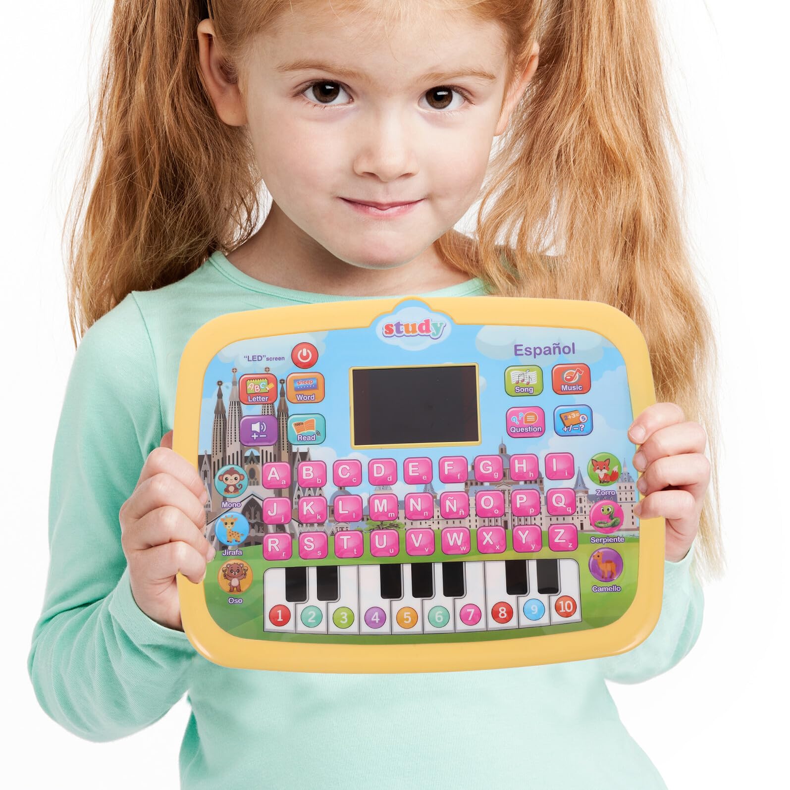 Tableta Bilingüe de Español para Niños Pantalla Led, Táctil, Abs | Juguete Educativo Multifuncional, 3 Pilas Aa No Incluidas, Amarillo Decoracion Colegio, Juguetes Didácticos Años