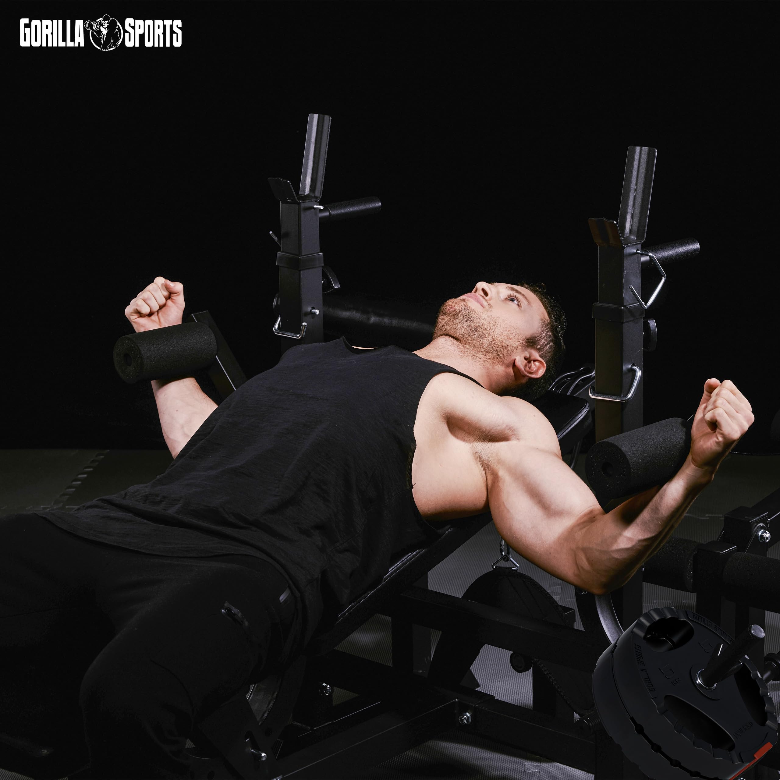 GORILLA SPORTS Banco de pesas multifunción completo | Juego de barras incluido, 100 kg de pesas