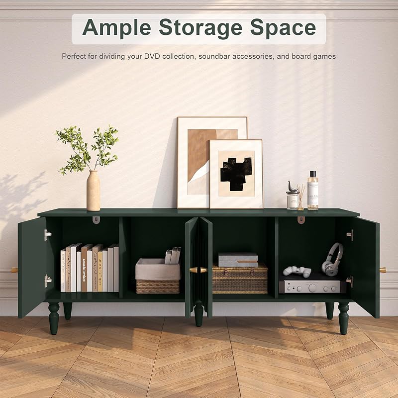 60" Mid-Centry Modern TV Stand with Storage, 4 Cabinet, Green image 3