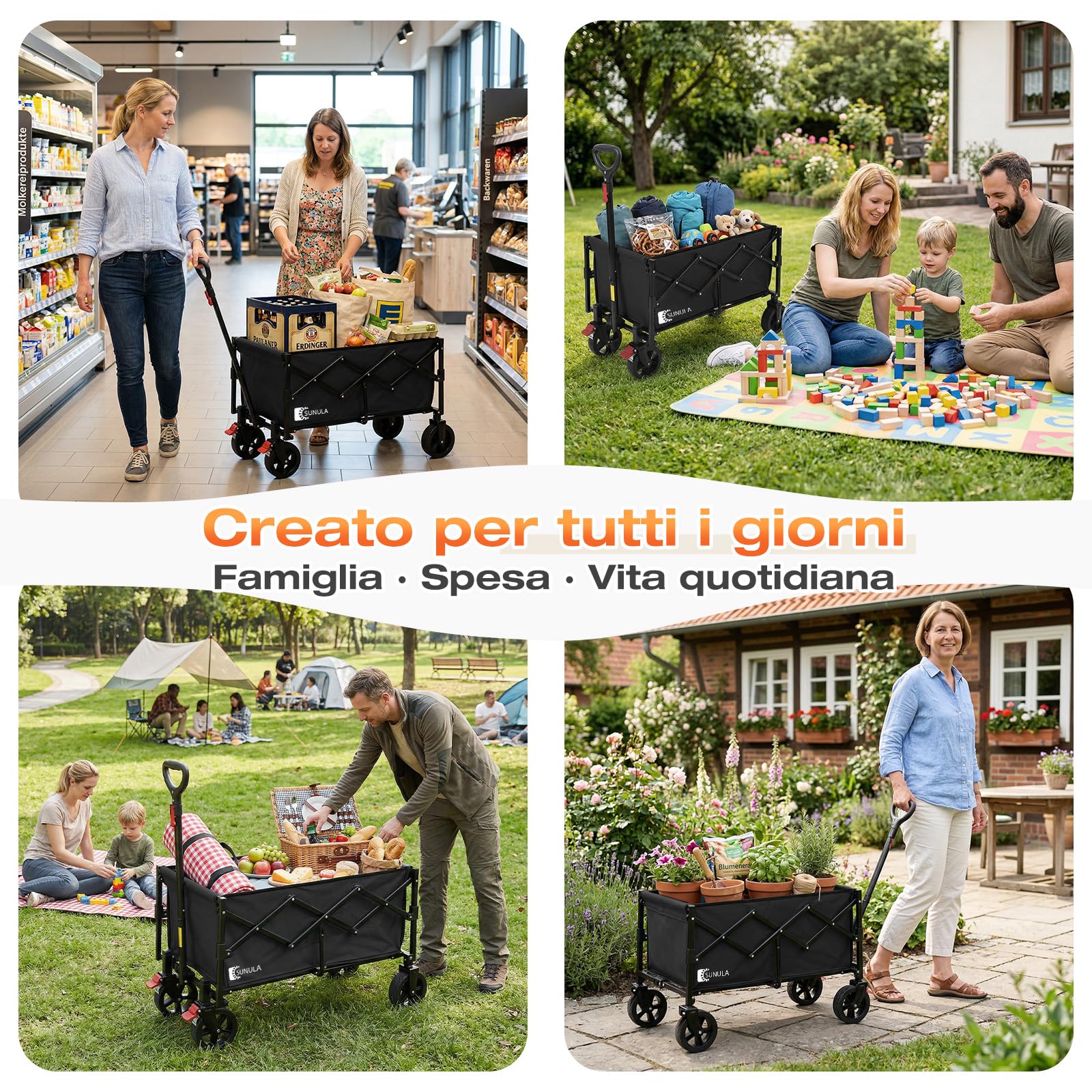 SUNULA Carrello pieghevole piccolo 80L 100KG, carrello pieghevole con peso ridotto, carrello fuoristrada con freni, Nero