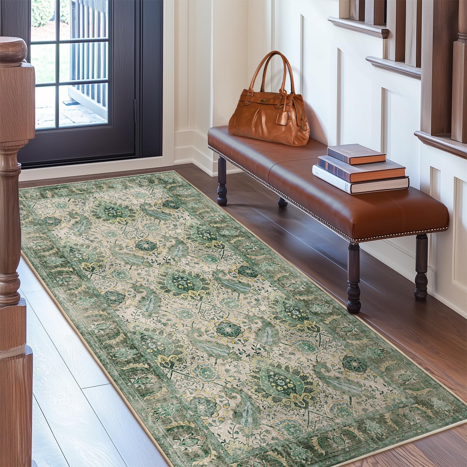 RELEANY Boho 2x6 Runner Rug Washable Runner Rug Low Pile Carpet Non-Shedding High Traffic Area Rugs for Living Room Bedroom Kitchen Dining Room Entrance Indoor-Green/Yellow