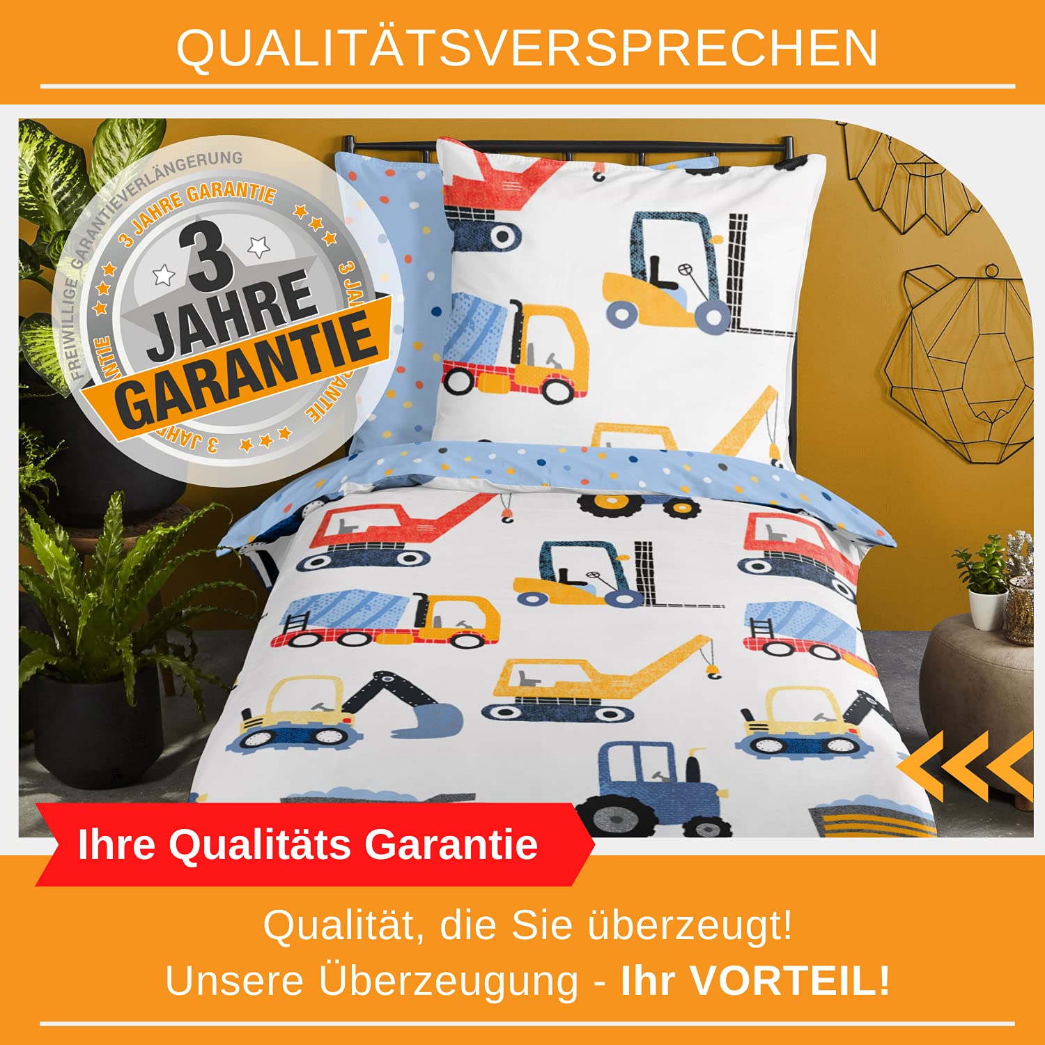 Aminata kids Bettwäsche 135x200 cm Bagger Baustelle - Kinderbettwäsche für Jungen 100% Baumwolle - Kinder Wendebettwäsche-Set mit Baufahrzeugen blau