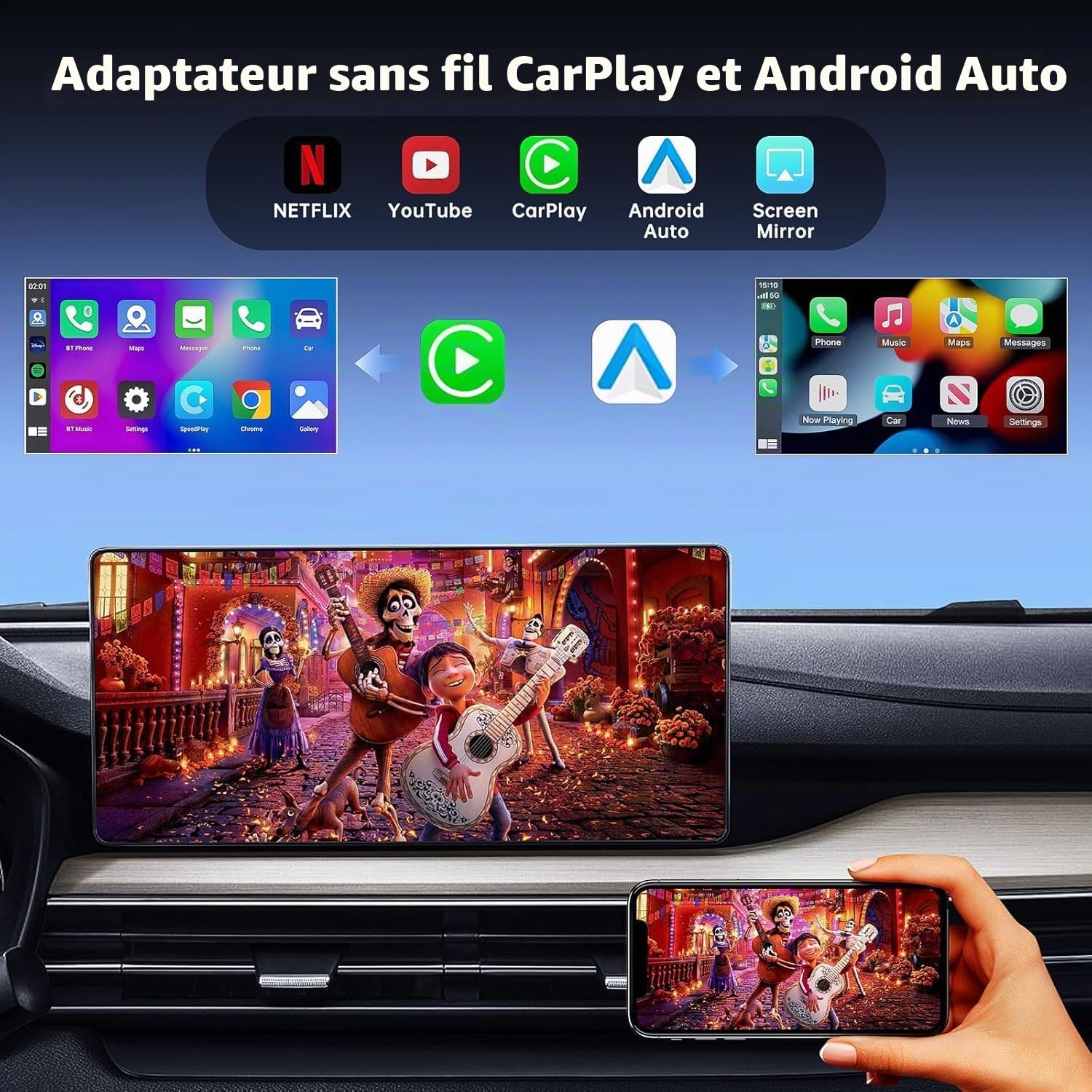 Adaptateur sans fil 5-en-1 CarPlay et Android Auto,Adaptateur CarPlay sans fil avec Netflix, YouTube et carte TF,Plug & Play,Magic Video Ai Box pour véhicules équipés d'Apple CarPlay filaire d'origine