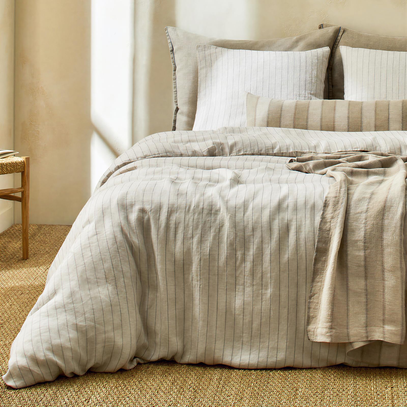 Striped Duvet Cover Set Linen Cotton,King(104"x90"),Black Stripe/Beige