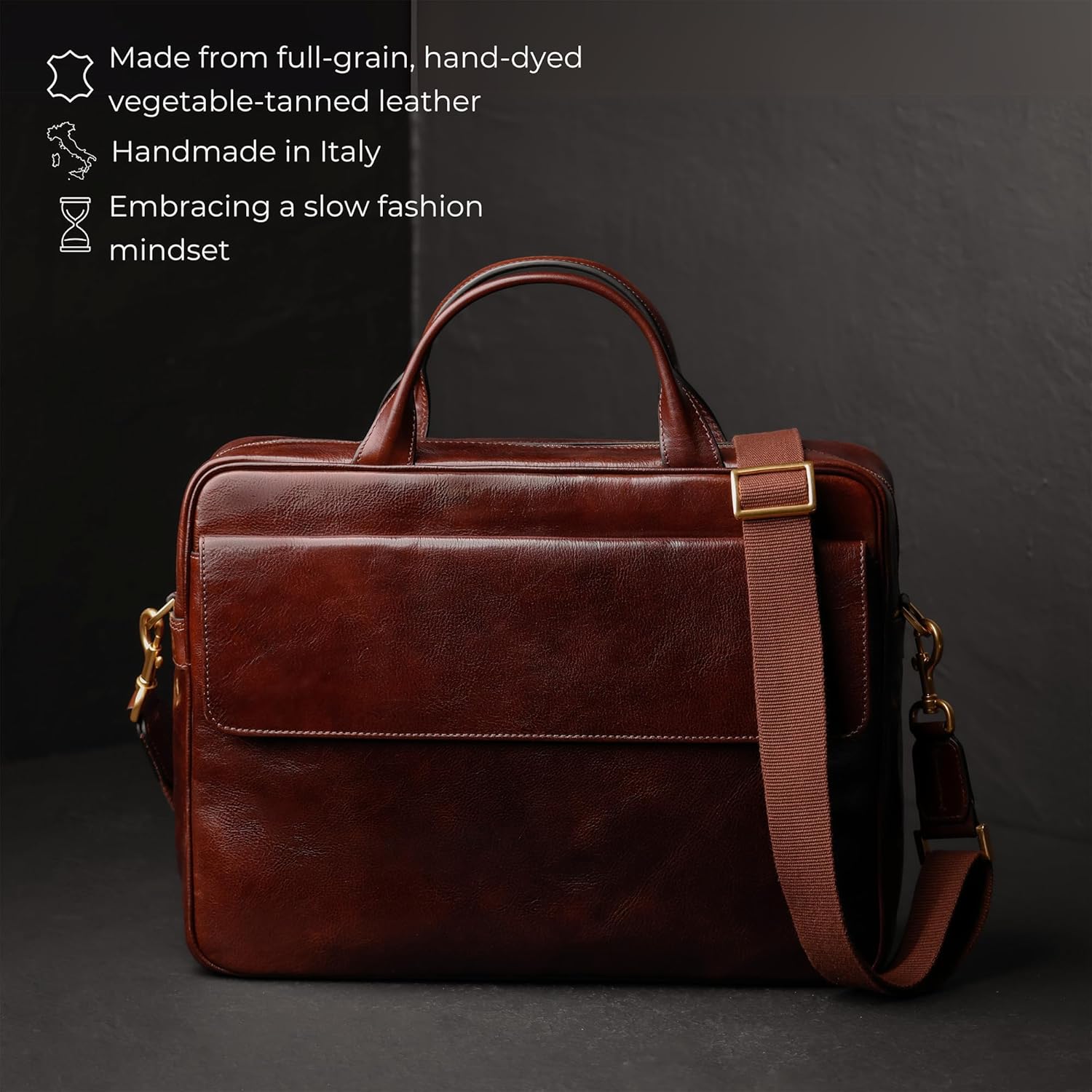 Time Resistance Leather Briefcase - Italian Handmade Leather Laptop Bag - Handbag for Men - Professional Computer Case