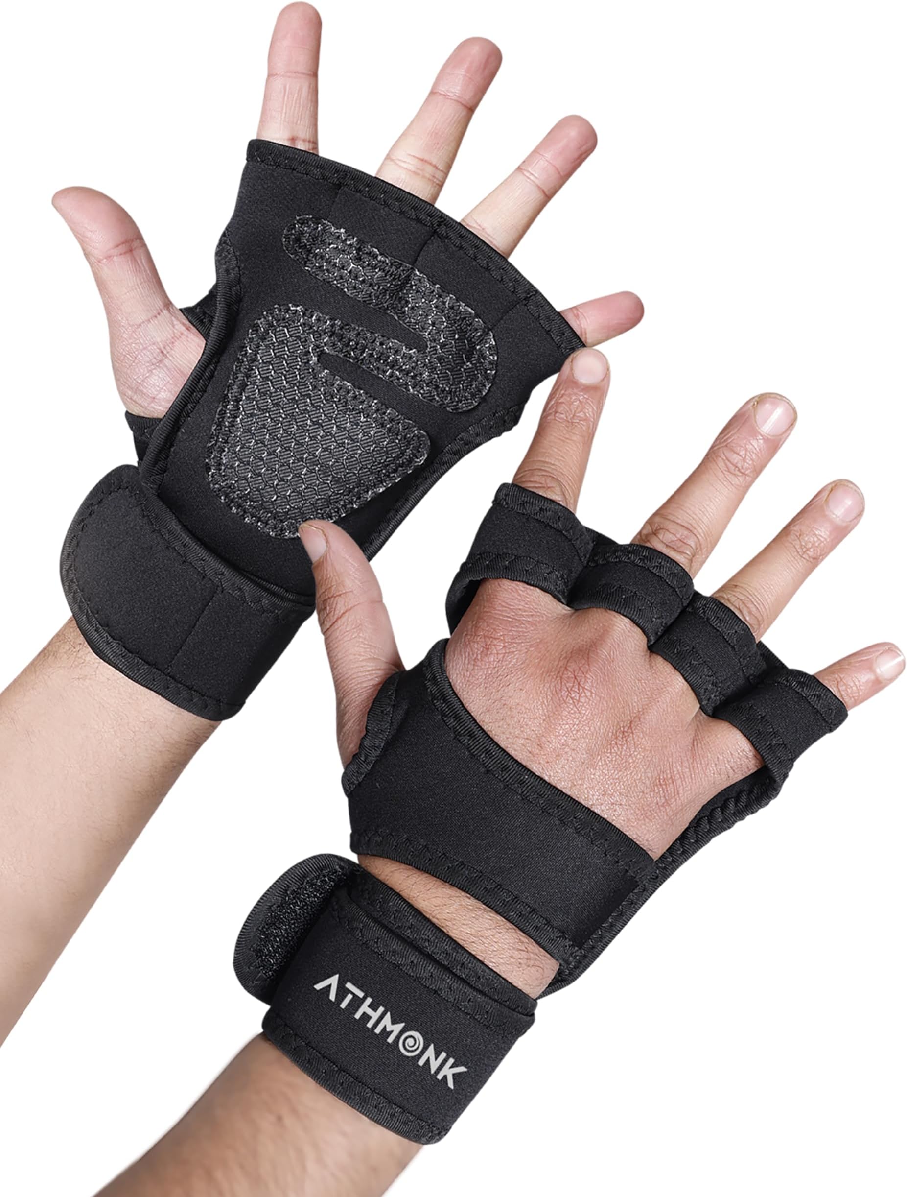 Gym Gloves for Men & Women - Workout Exercise Sports - Crossfit Powerlifting Weight Lifting MMA - with Wrist Supporter Wrap Strap - Fingerless Half Hand Cut - Stylish Palm Grip - Black, M
