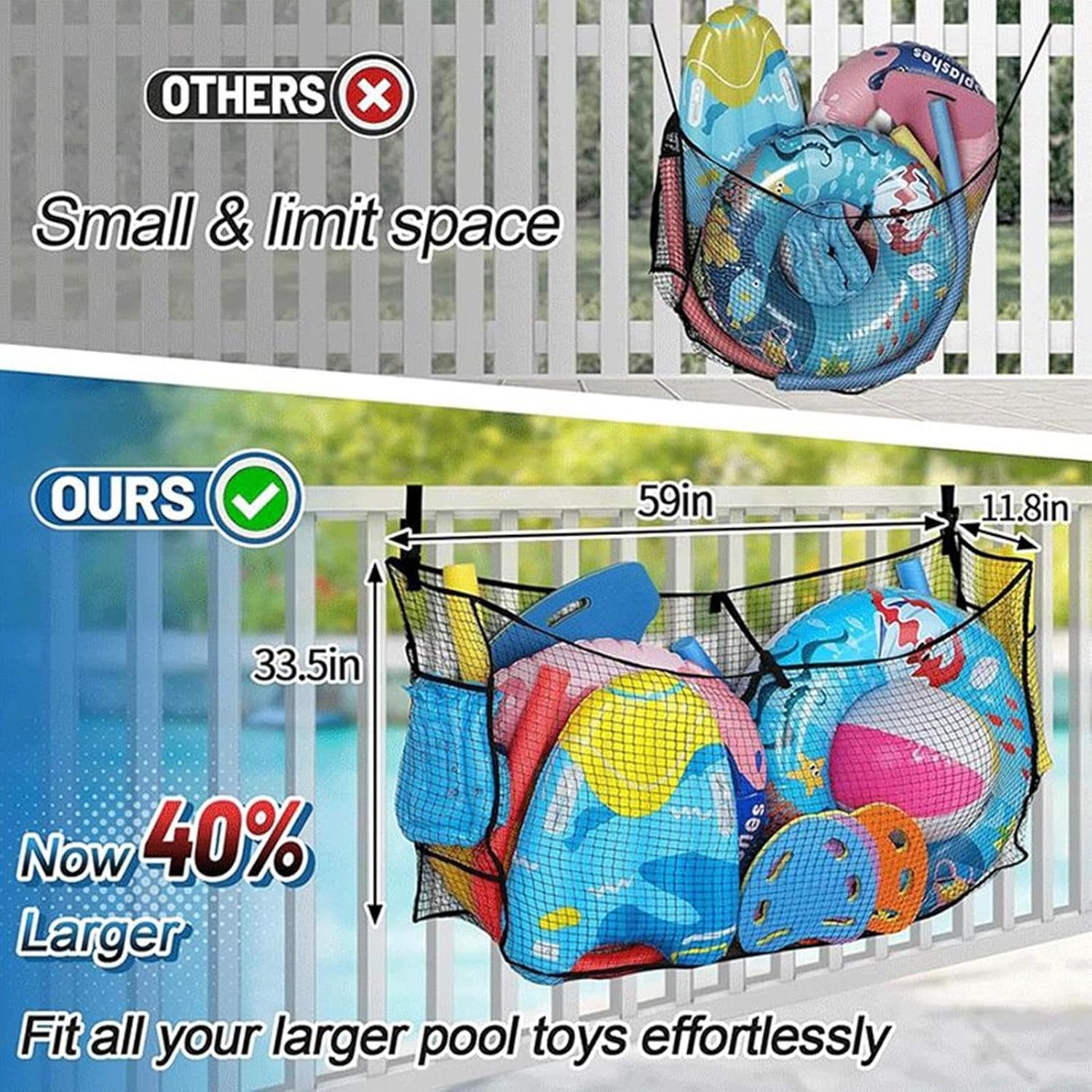 Pool Storage | Large Capacity Outdoor Organizer | Mesh Pool Toys | Inflatable Water Accessories, Soccer Balls and Basketball,