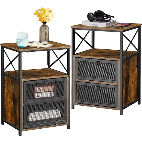 VECELO End Side Table, Modern Night Stand with Storage Space and Door, Set of 2 Nightstands for Living Room,Bedroom,Lounge,Rustic Brown