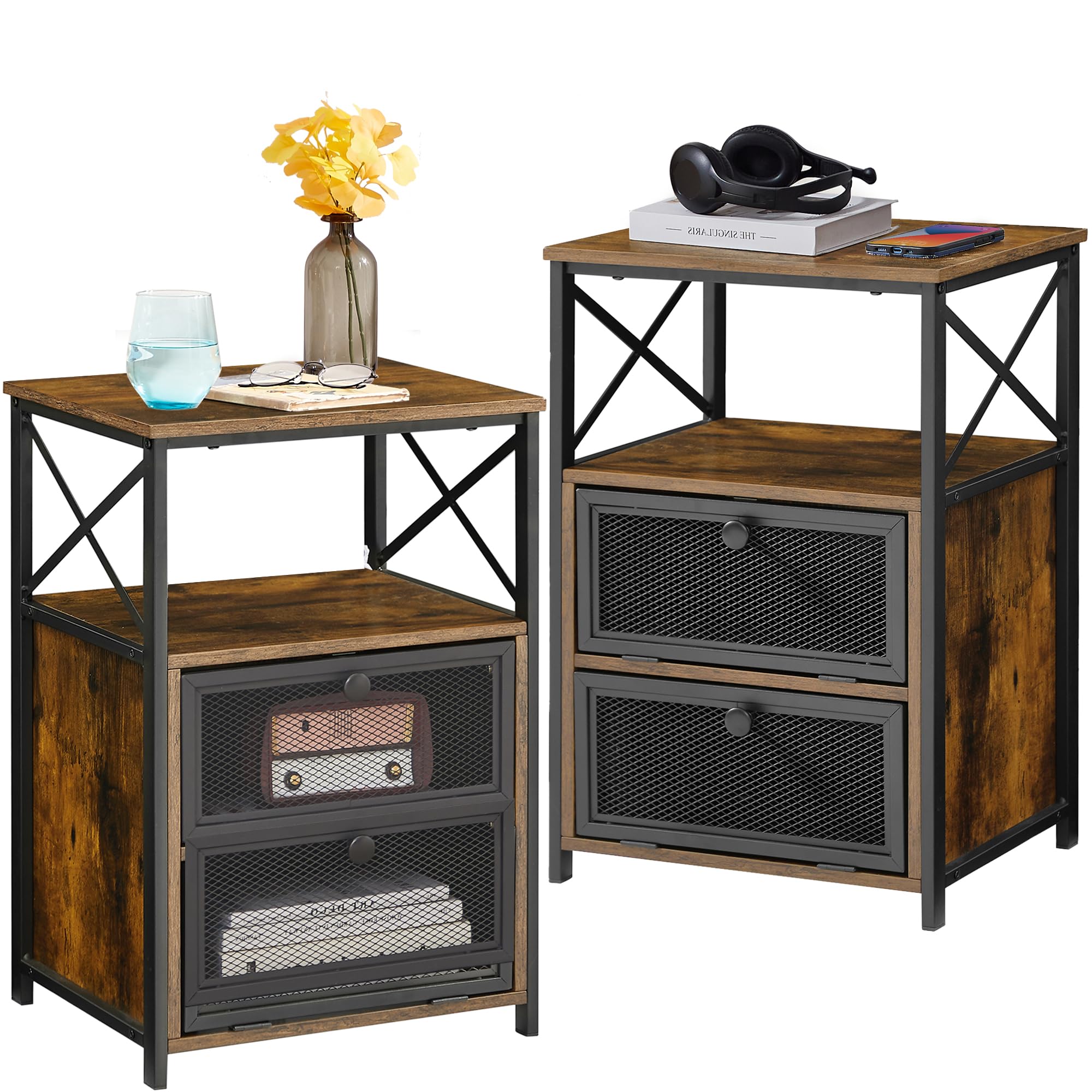 VECELO End Side Table, Modern Night Stand with Storage Space and Door, Set of 2 Nightstands for Living Room,Bedroom,Lounge,Rustic Brown
