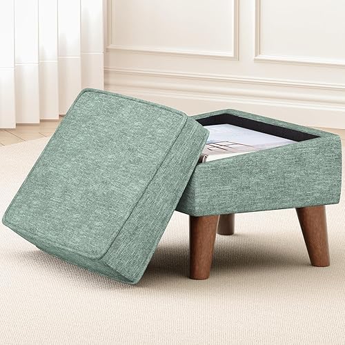 Miniatura 11 de Reposapiés otomano, otomano pequeño con almacenamiento, taburete moderno con tapa ajustable y patas de madera resistentes para sala de estar, Beige