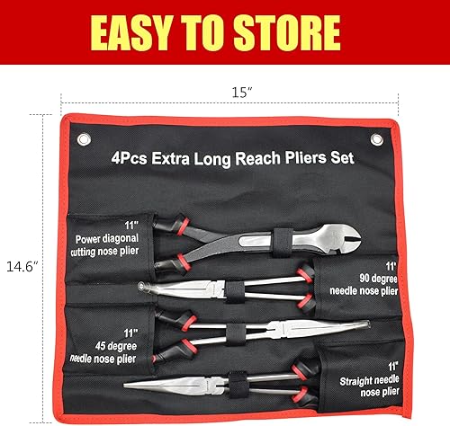 Miniatura 5 de TOOLEAGUE Juego de 4 alicates de punta de aguja extra largos, alicates rectos de 11 pulgadas de largo alcance, alicates de nariz doblada de 4590