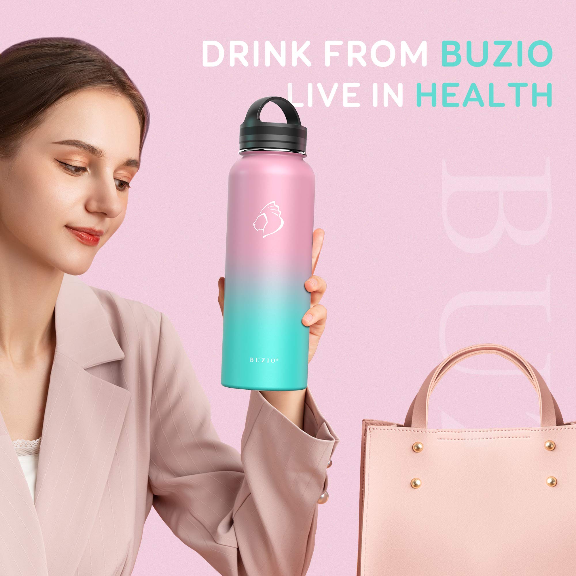 BUZIO 40 oz Water Flask, Insulated Water Bottle with Straw Lids Stainless Steel Canteen Metal
