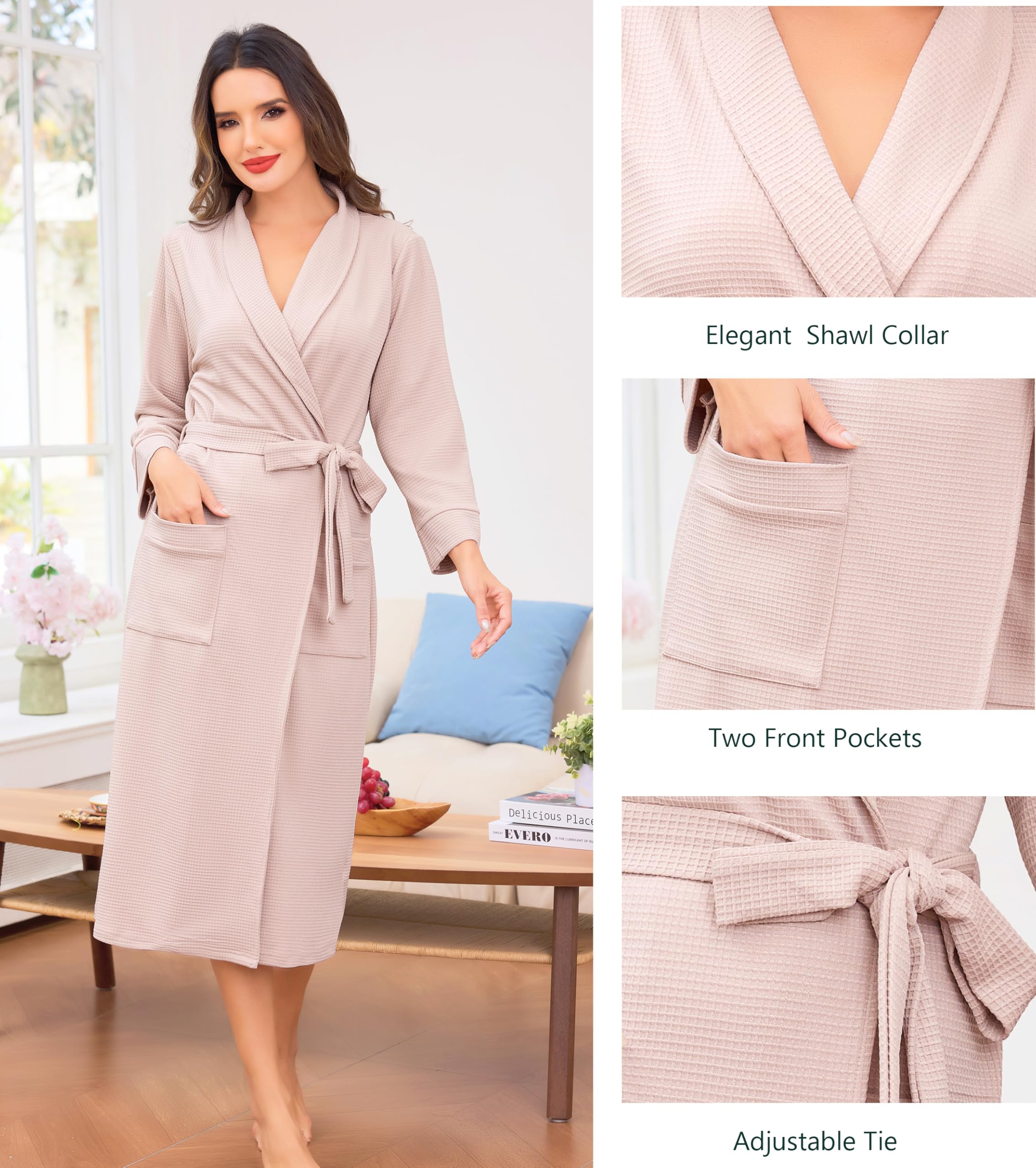 Vlazom Peignoir Femme en Coton Waffle Robe de Chambre Long à Col Revers avec Poches et Ceinture S-3XL