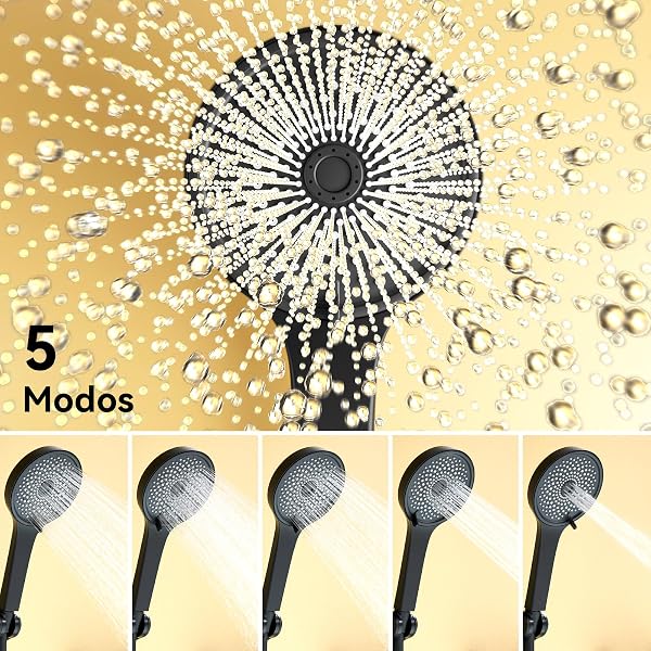 Auralum Conjunto de Grifo de Bañera y Ducha con Cascada, Mezclador Monomando de Latón con Estante de Almacenamiento, Alcachofa de Mano 5 Modos y Manguera 1.5m, Sistema de Ducha de Pared, Negra - 3