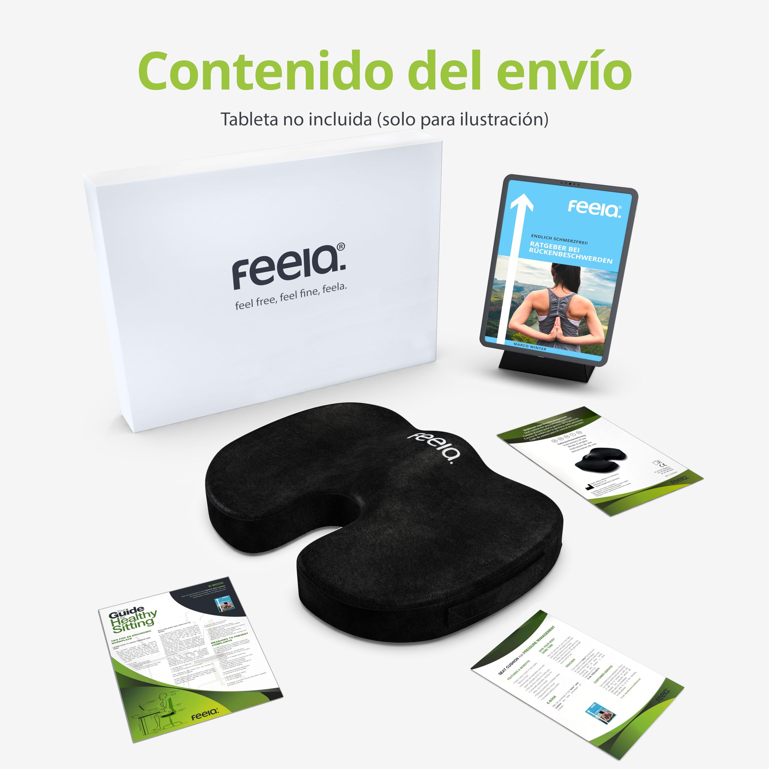 feela.® Cojín ortopédico [3 grados de dureza] Ganador de la prueba, cojín ergonómico para silla de oficina y coche, alivia el dolor, alivia el coxis, promueve la comodidad del asiento y la circulación