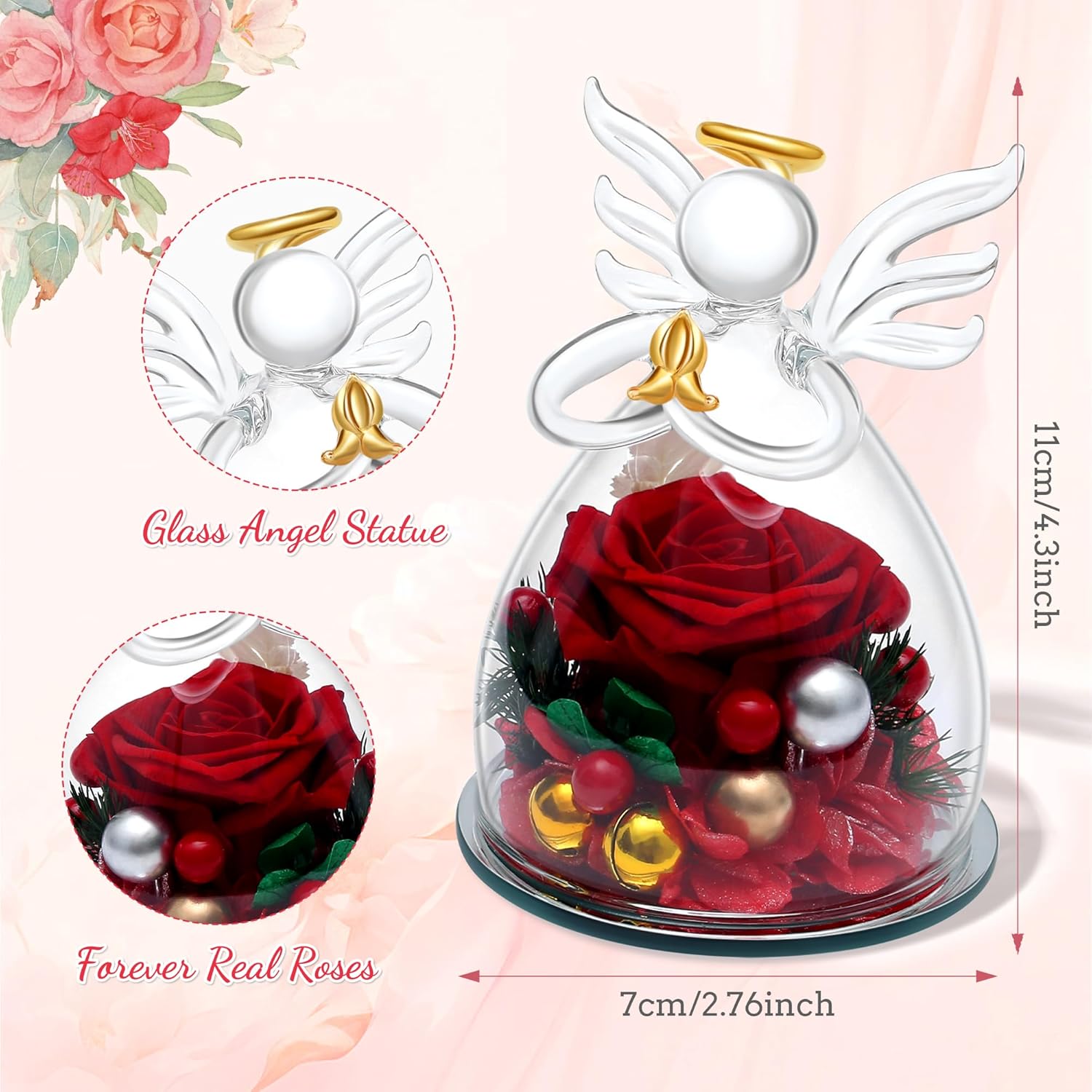 SITUMEIZI Valentines Day Rose Gifts for Her,Birthday Gifts for Women Mom,Preserved Rose in Glass Angel Figurine,Angel Mothers Day Rose Gift for Mom Grandma,Red Gifts Flowers Anniversary Valentines# - Image 6