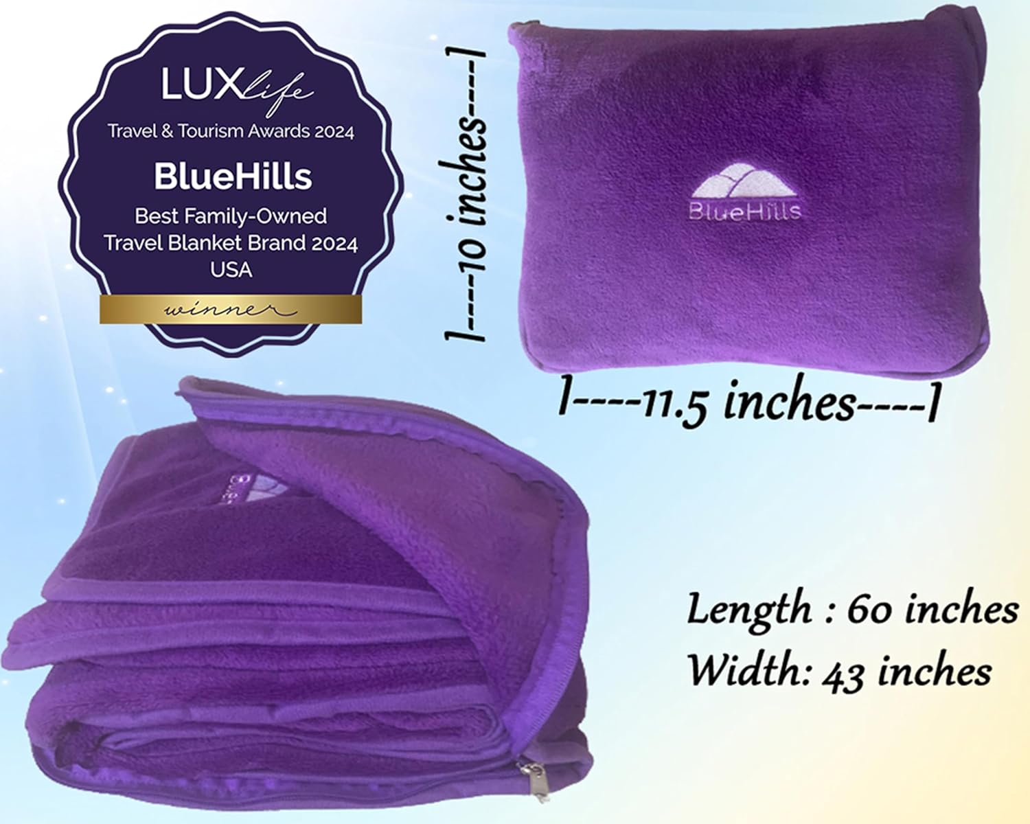 BlueHills Travel Blanket Pillow Premium Soft Plush for Airplane Travel Size Blanket Throw Long Flight Essentials in Compact Bag Plane Portable Lightweight Purple T021 - Image 3
