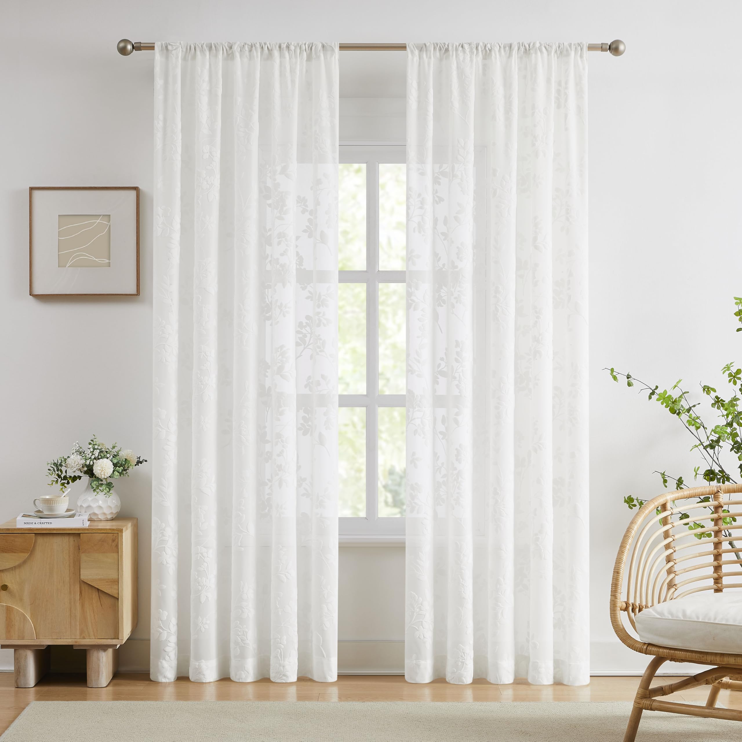 Abstractex White Lace Net Curtains 90 Inches Long for Living Room Floral and Branch Sheer Panels for Bedroom Luxury Vintage Light Filtering Victorian Window Treatment Sets, 54" W Rod Pocket 2 Panels
