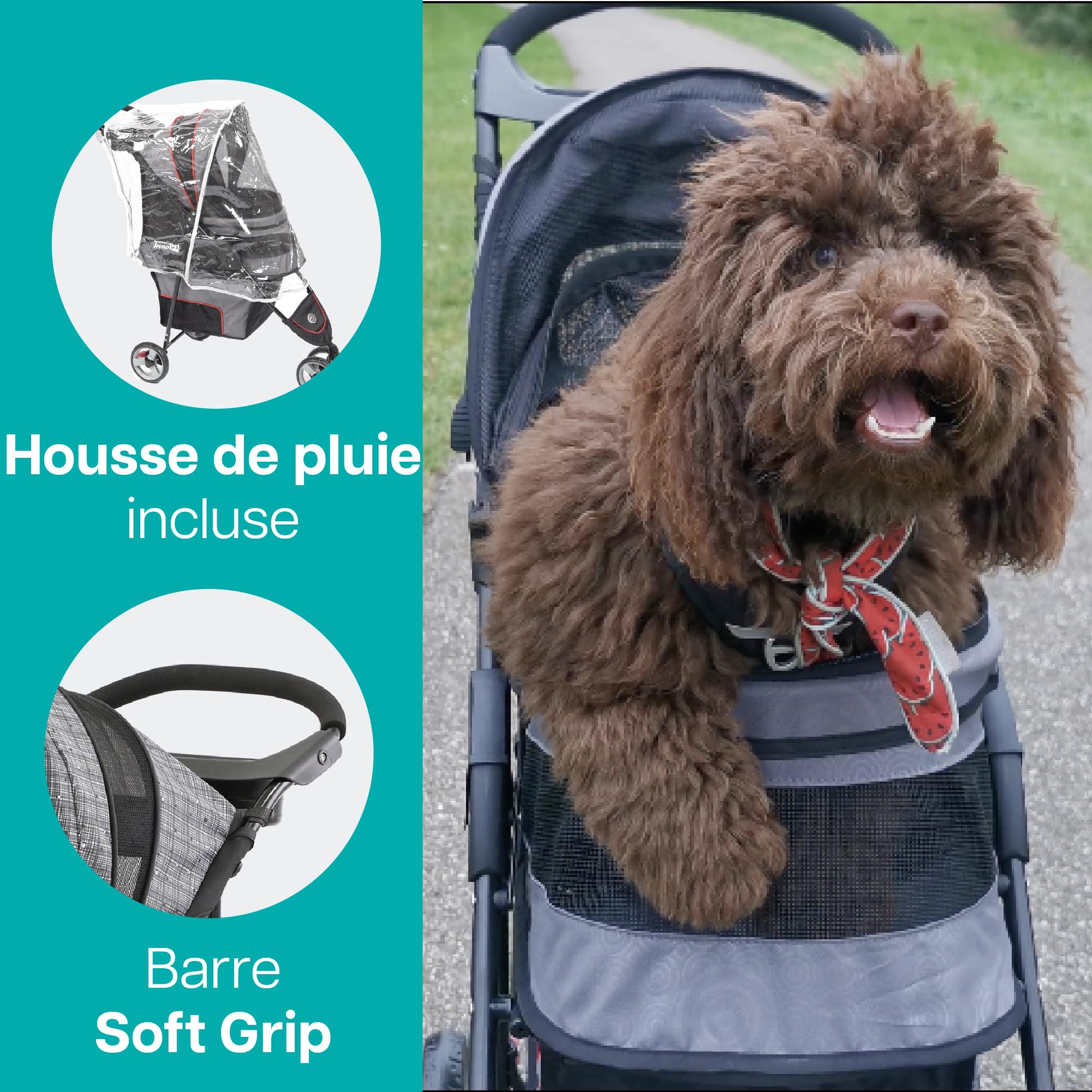 Poussette Innopet Avenue Gris pour chiens et chats - Housse de pluie incluse - Poussette légère pour animaux, poussette pliable à 3 roues avec sangles de sécurité et panier de rangement