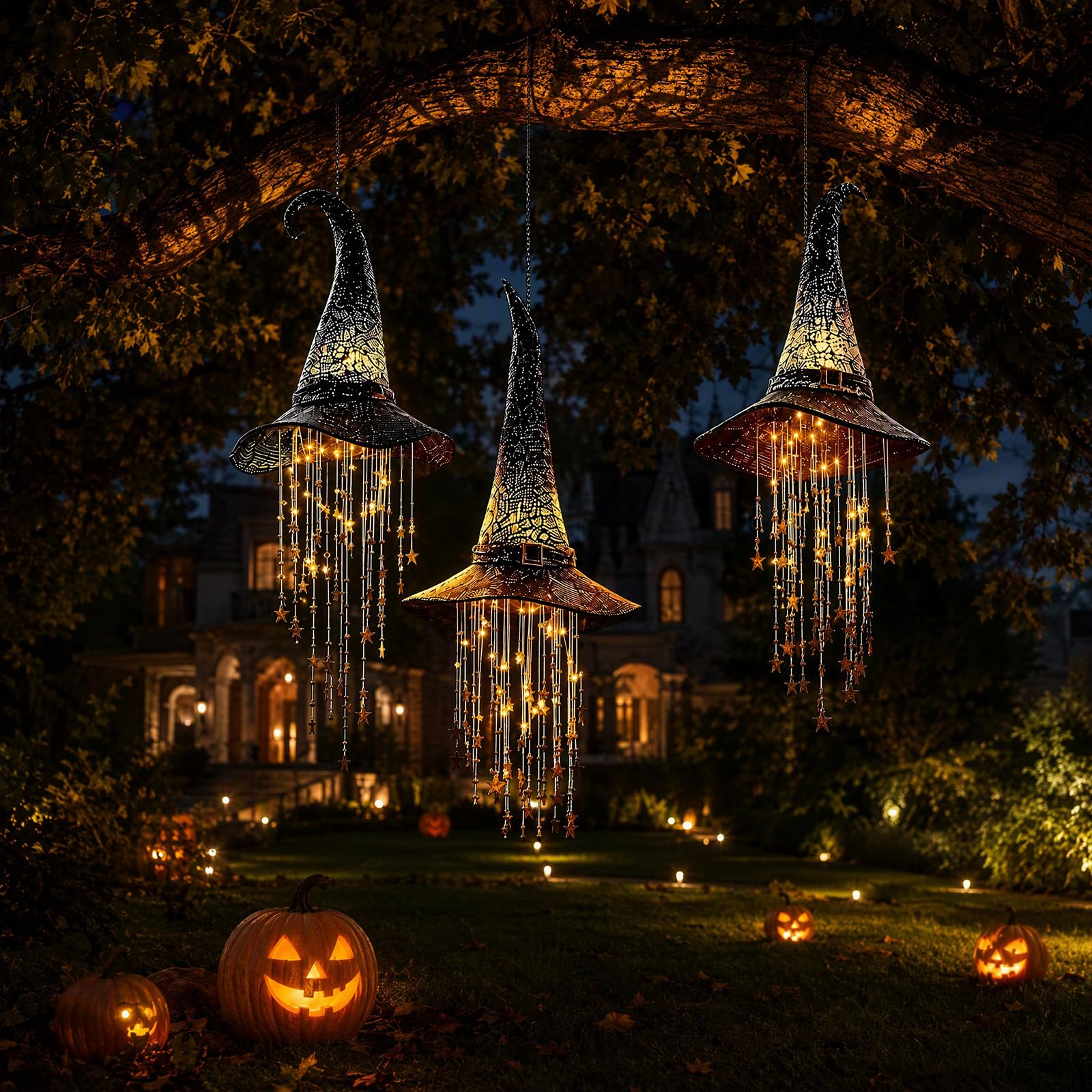 Beleuchteter Hexenhut Deko mit Leuchtende Sterne für Halloween，3Pcs