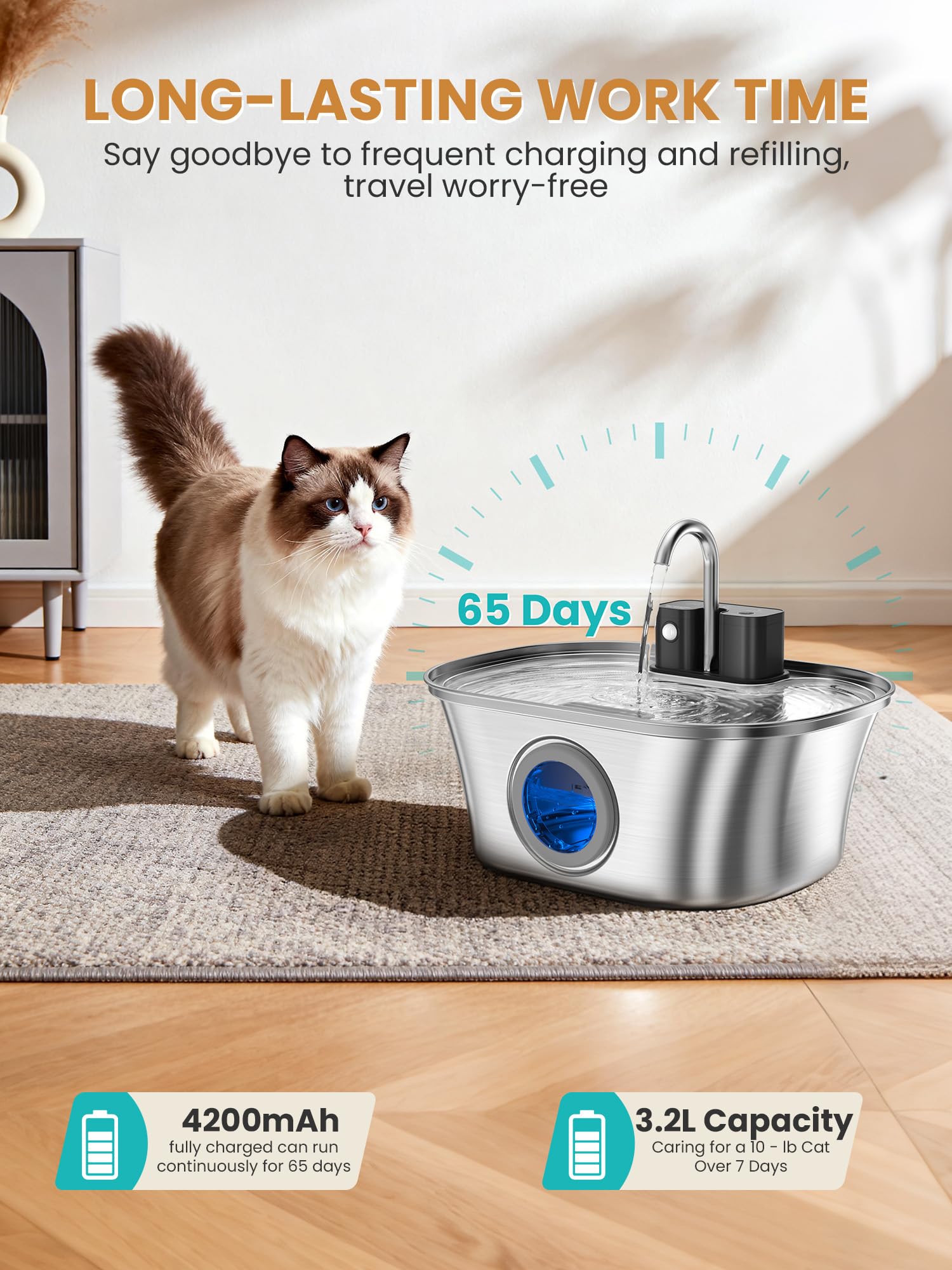 Cat Water Fountain Stainless Steel Cat Fountains for Drinking-108oz/3.2L Quiet Water Fountain for Cats Wireless Cat Water Fountain with Water Level Window for Cats&Dogs Indoor (3 Filter) - image 4