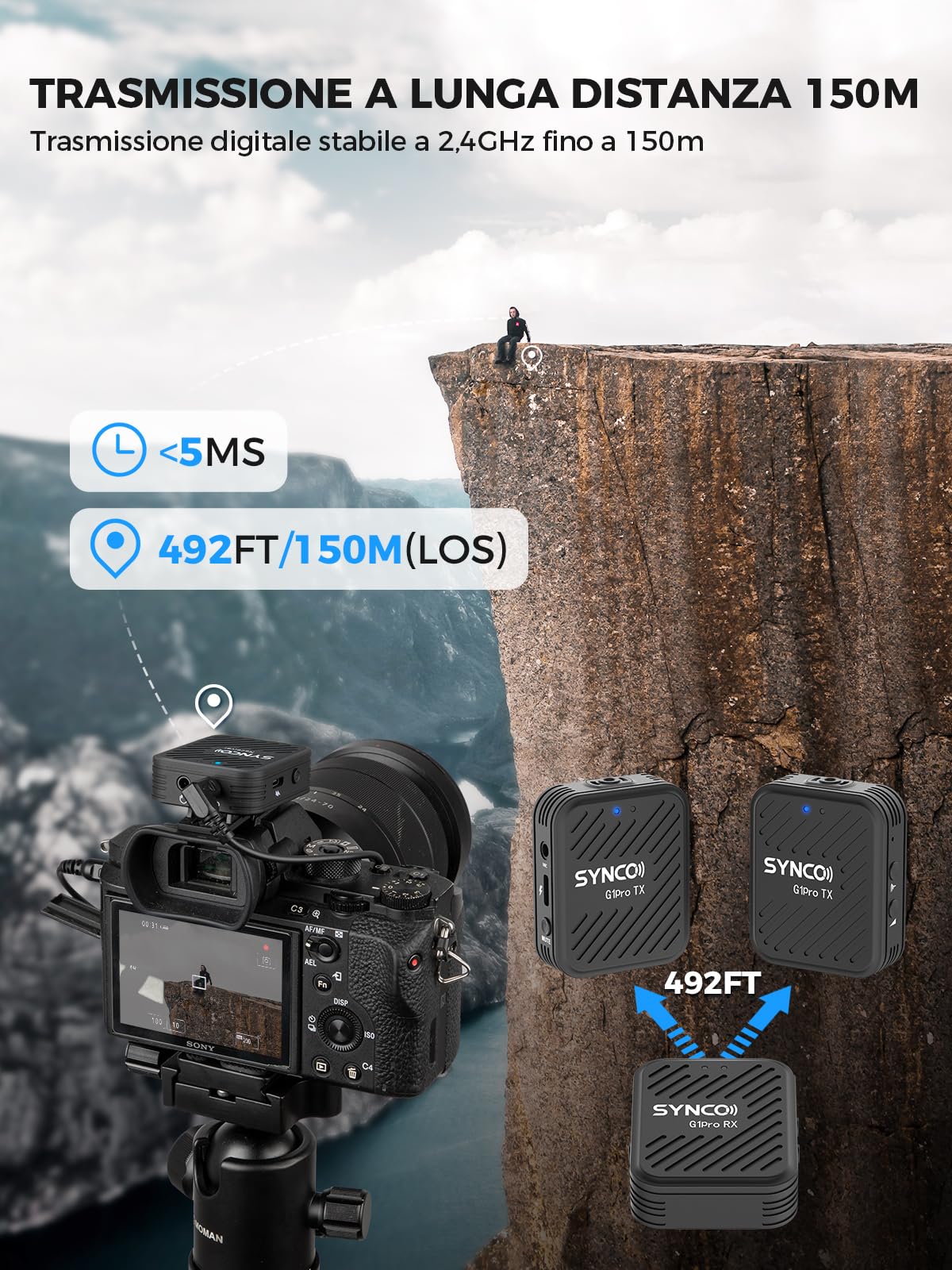 SYNCO Microfono Wireless Lavalier G1(A2) Pro con Charging Case Dual Pack Lapel Mic 150M 8H per DSLR Camera Smartphone Tablet YouTube Video Interview Vlog