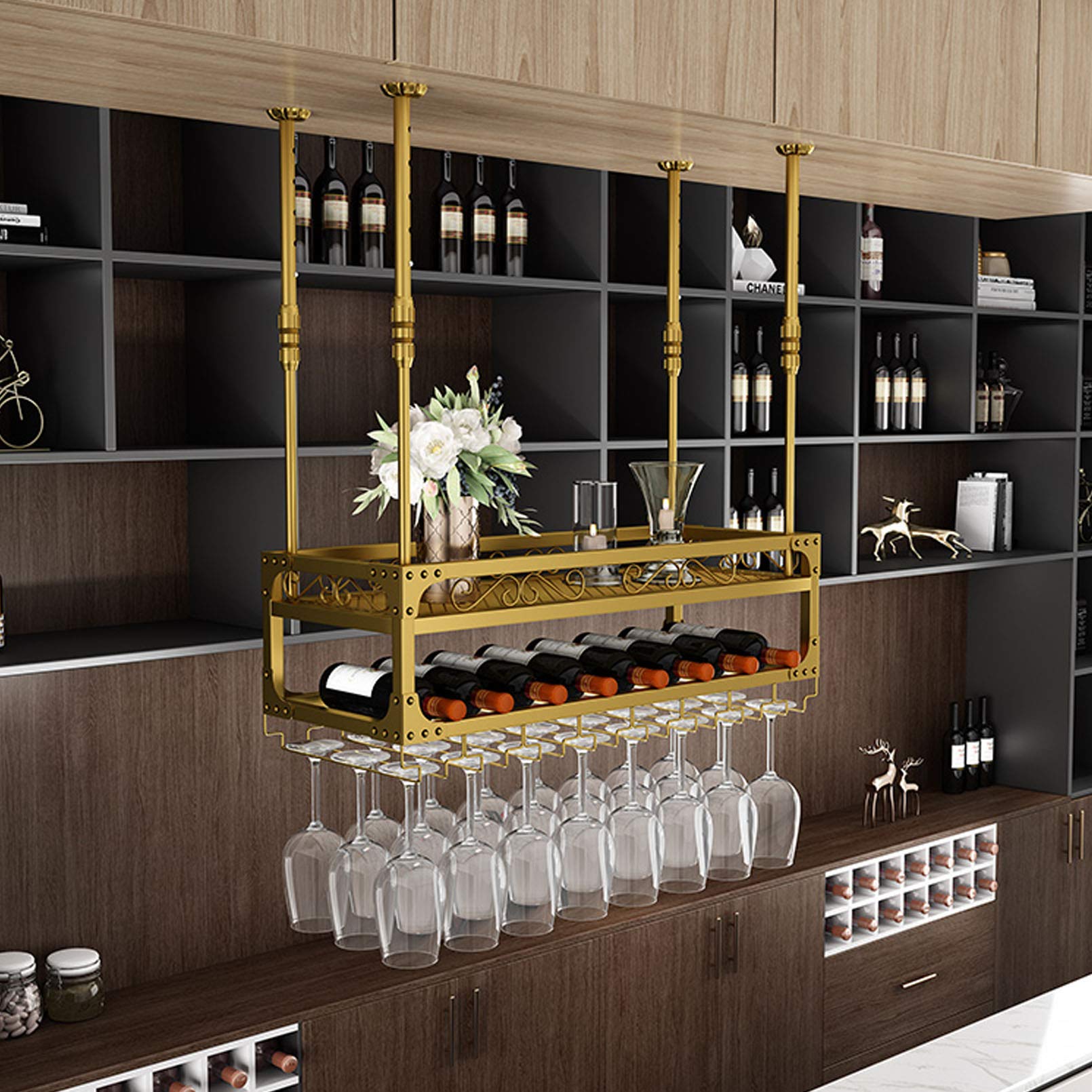 Meuble à vin suspendu en fer forgé et support de verres rétro pour loft