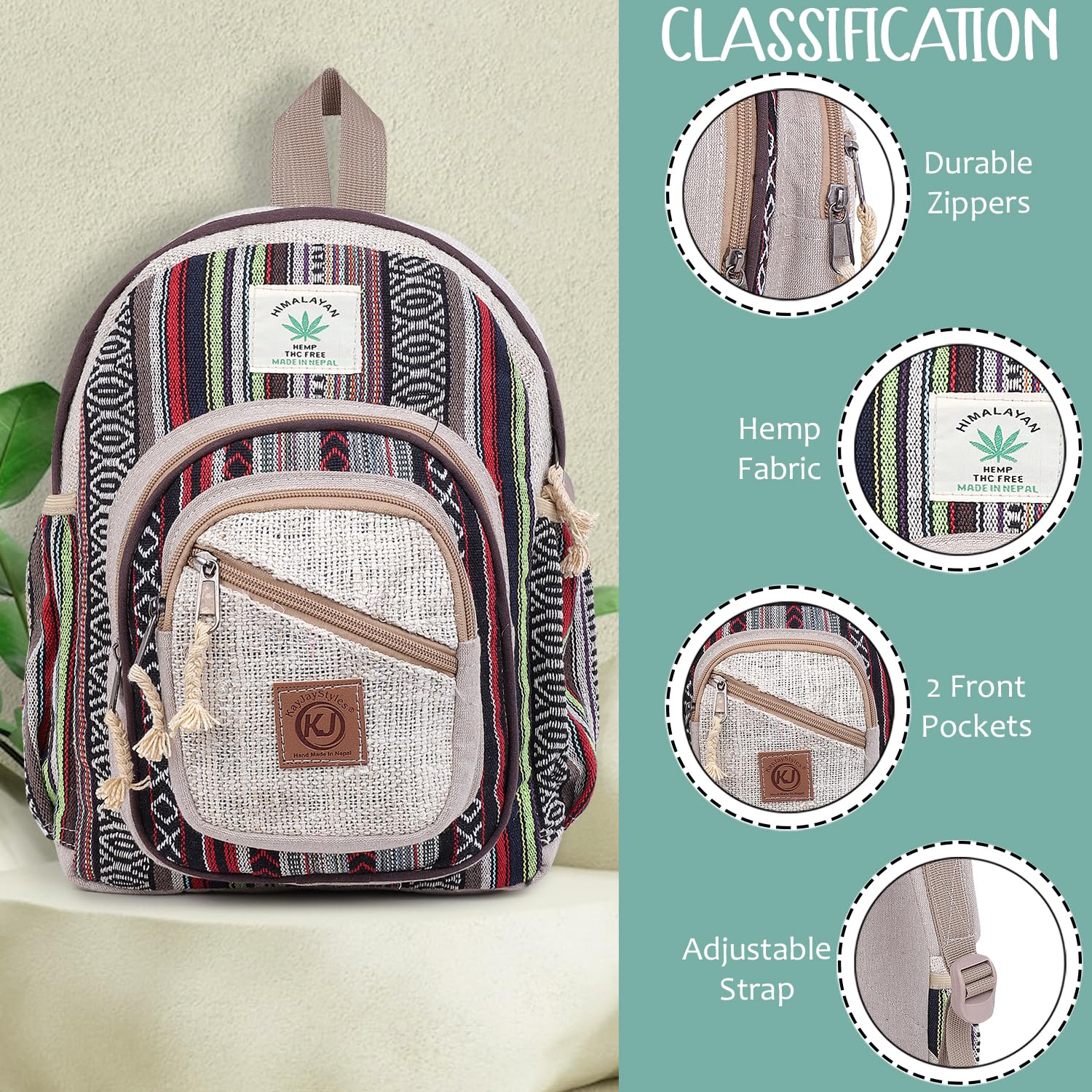 Zaino fatto a mano in canapa naturale Nepal per donne e ragazze, piccolo zaino leggero, Daypack1, M