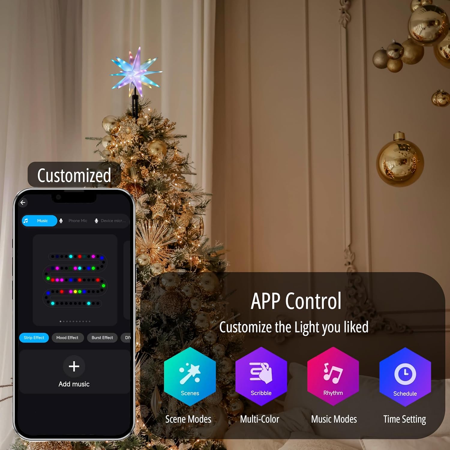 Smart 9.85'' Christmas Star Tree Topper Lighted Plug in, 3D Outdoor Foldable Lightweight Moravian Star Tree Topper, Timer & Smart Colorful Remote Control, Christmas Hanging Lights