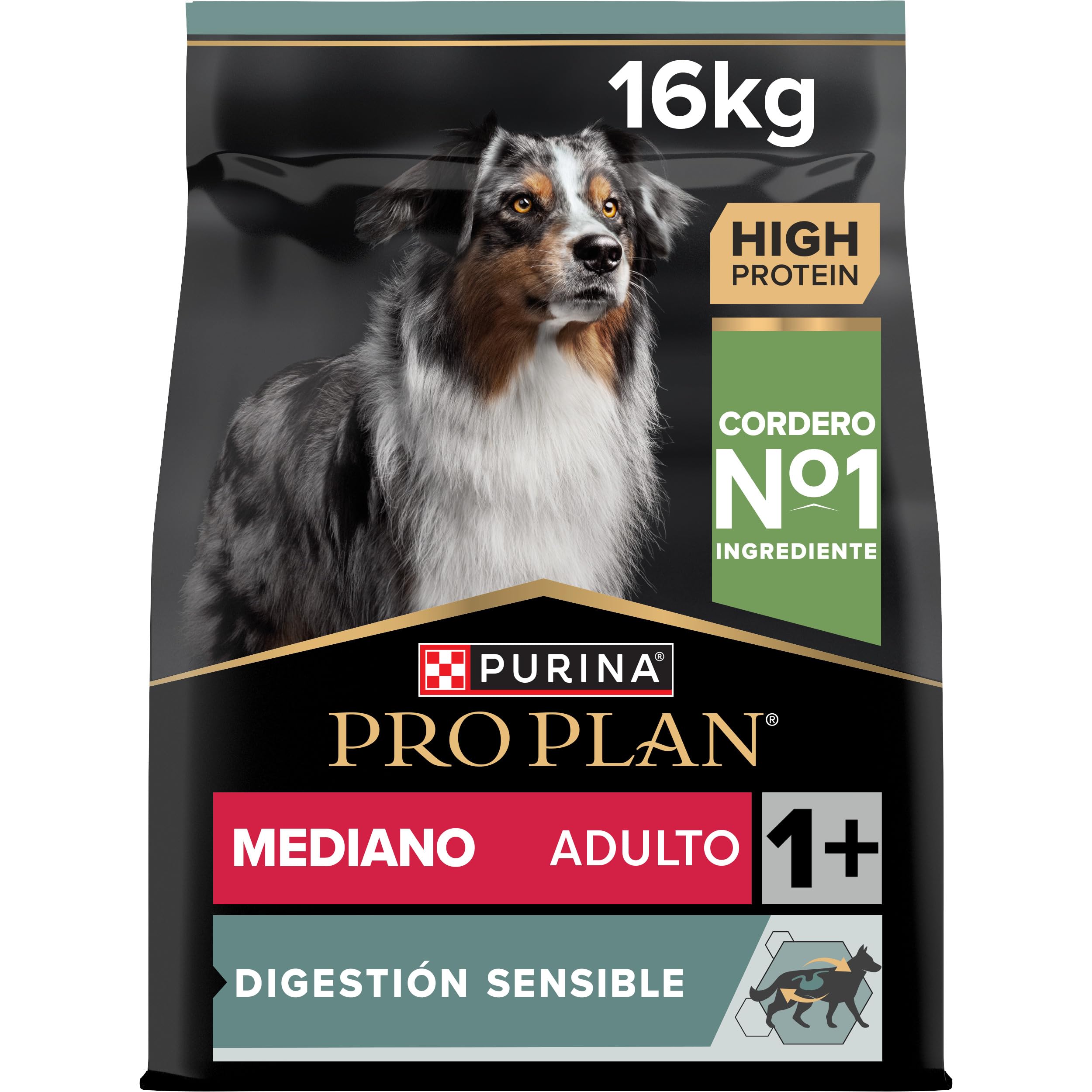 Purina Pro Plan Medium Adult Digestion Pienso para Perro Mediano Adulto, Digestión Sensible con Cordero, Saco de 16kg