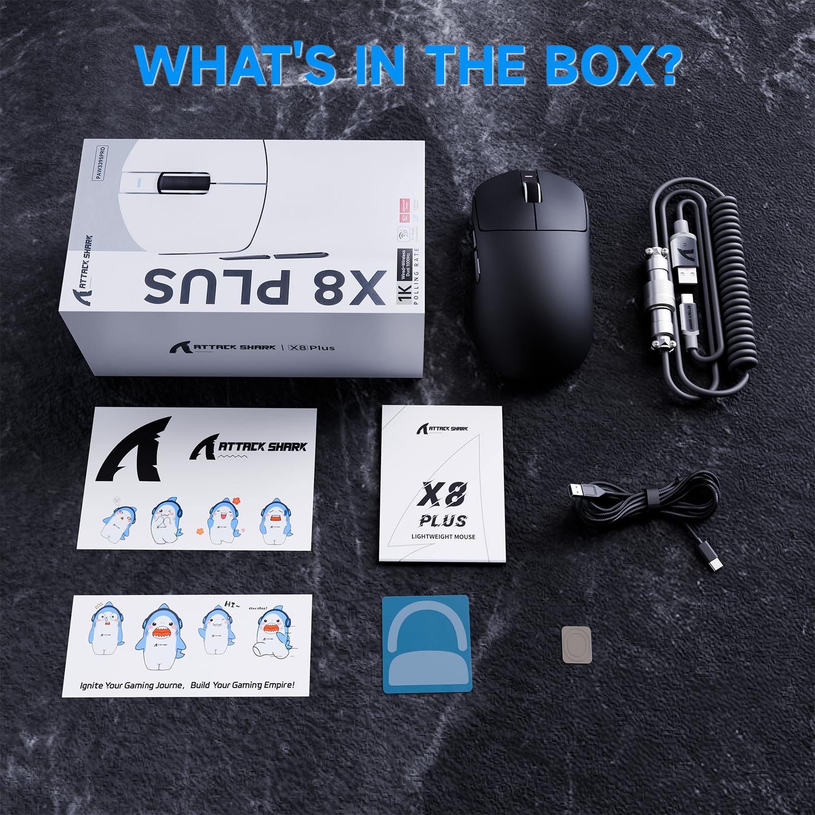 ATTACK SHARK X8 PLUS Bezprzewodowa Mysz Gamingowa z Przewodem LED C06 Ultra, 55g SUPERLEKKA, dla Dużych Dłoni, Sensor PixArt PAW3395PRO, BT/2.4G/USB, 40000 DPI, Bateria 500mAh (Czarna)