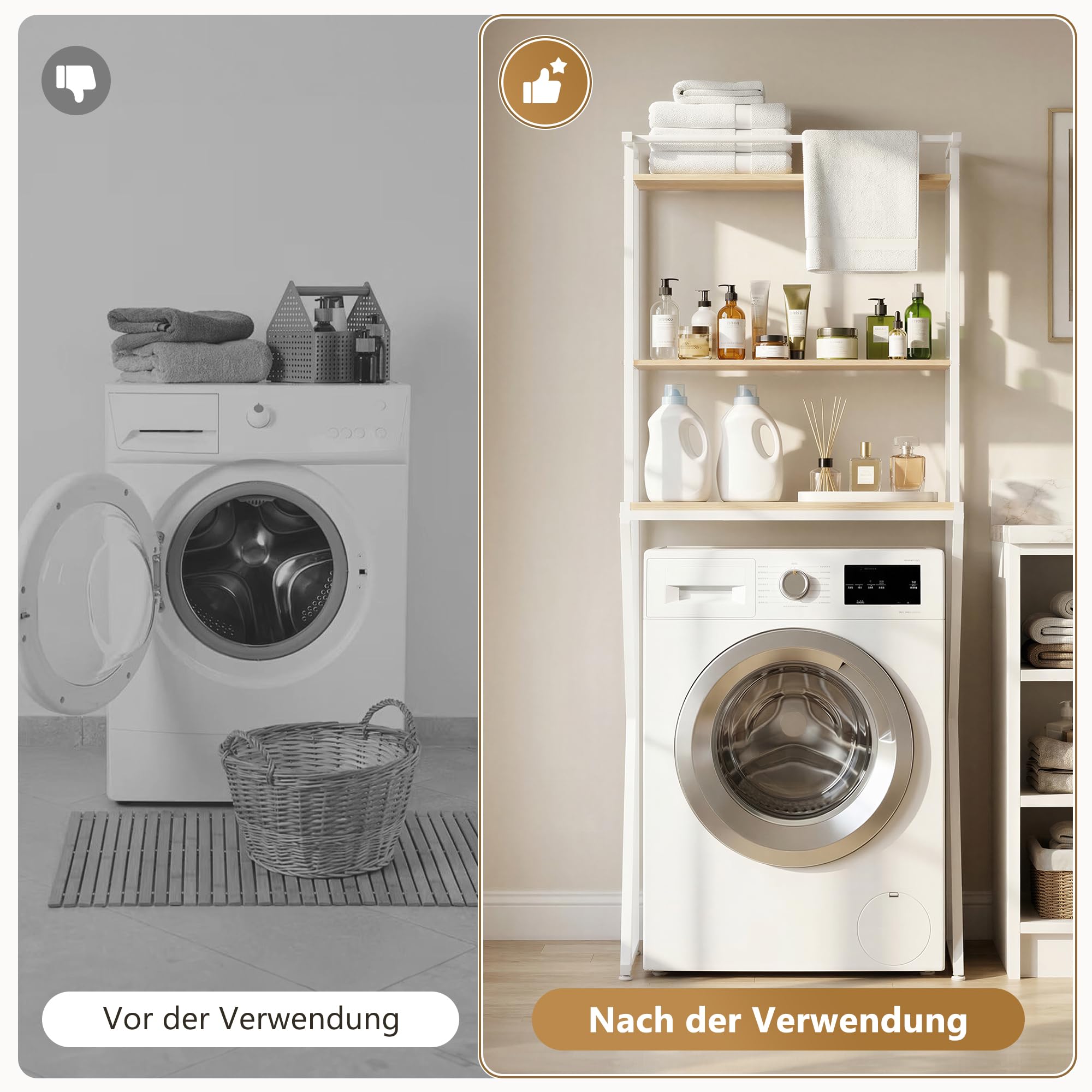 APICIZON Waschmaschinenregal mit Handtuchhalter, Toilettenregal, 3 Tier Waschmaschinenschrank, 67 × 40 × 165 cm, Modedesign, für Badezimmer, Küche, Balkon, Natürlich & Weiß