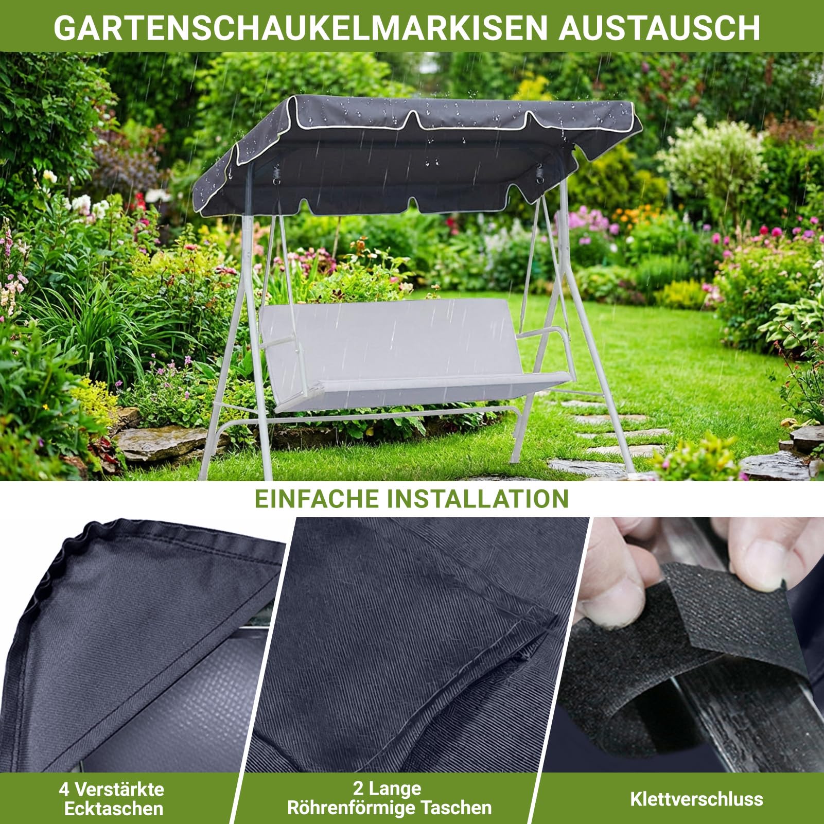 Balancelle de jardin pour adulte - Housse de toit : extérieur indéchirable - Protection UV 420D - Tissu Oxford 420D - Gris - Résistant aux intempéries - Toit de rechange moderne pour balancelle