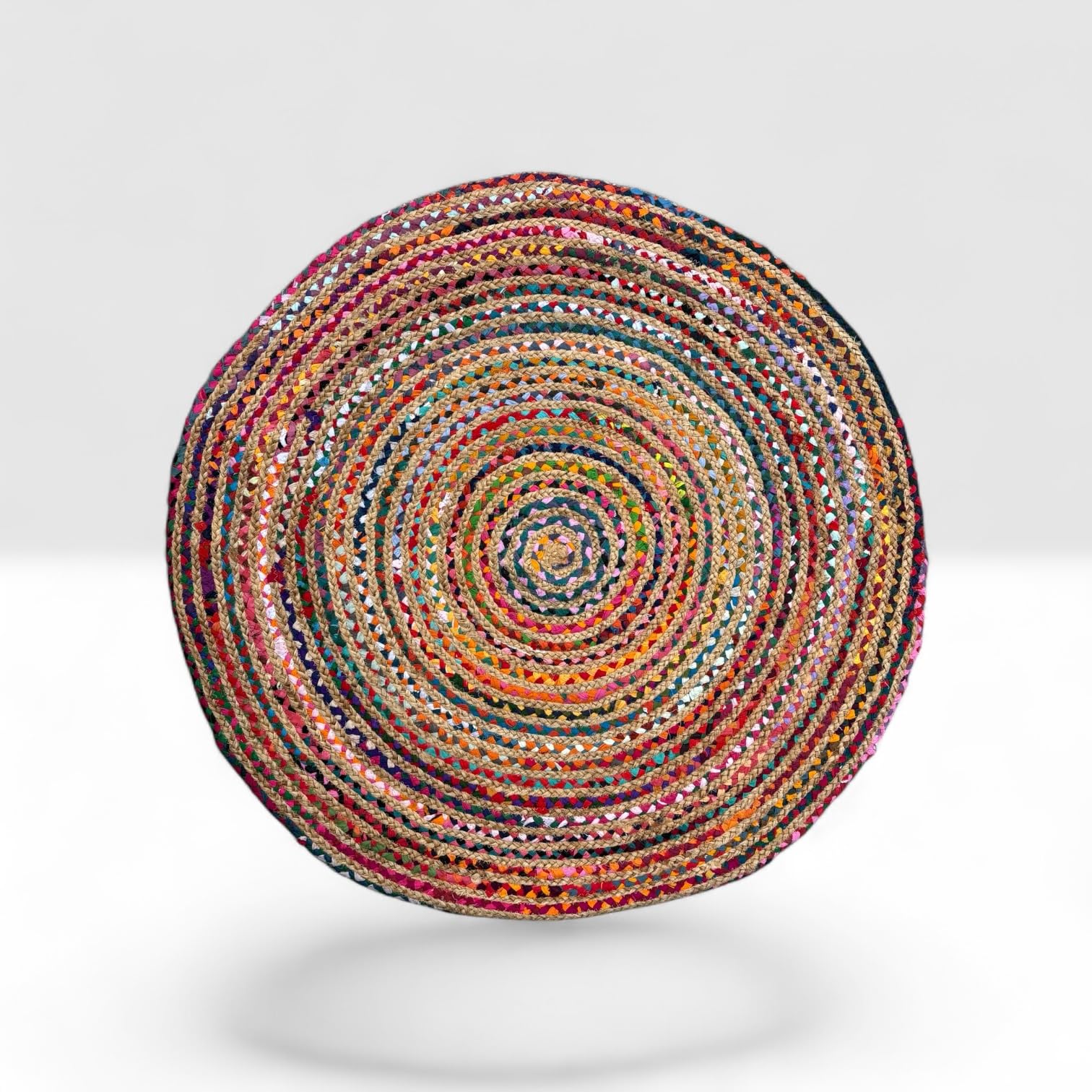 Tappeto Rotondo in Juta e Cotone Multicolore, Intrecciato e Cucito a Mano, Stile Etinco Naturale Tondo Esterno Interno (110_cm_Diametro)