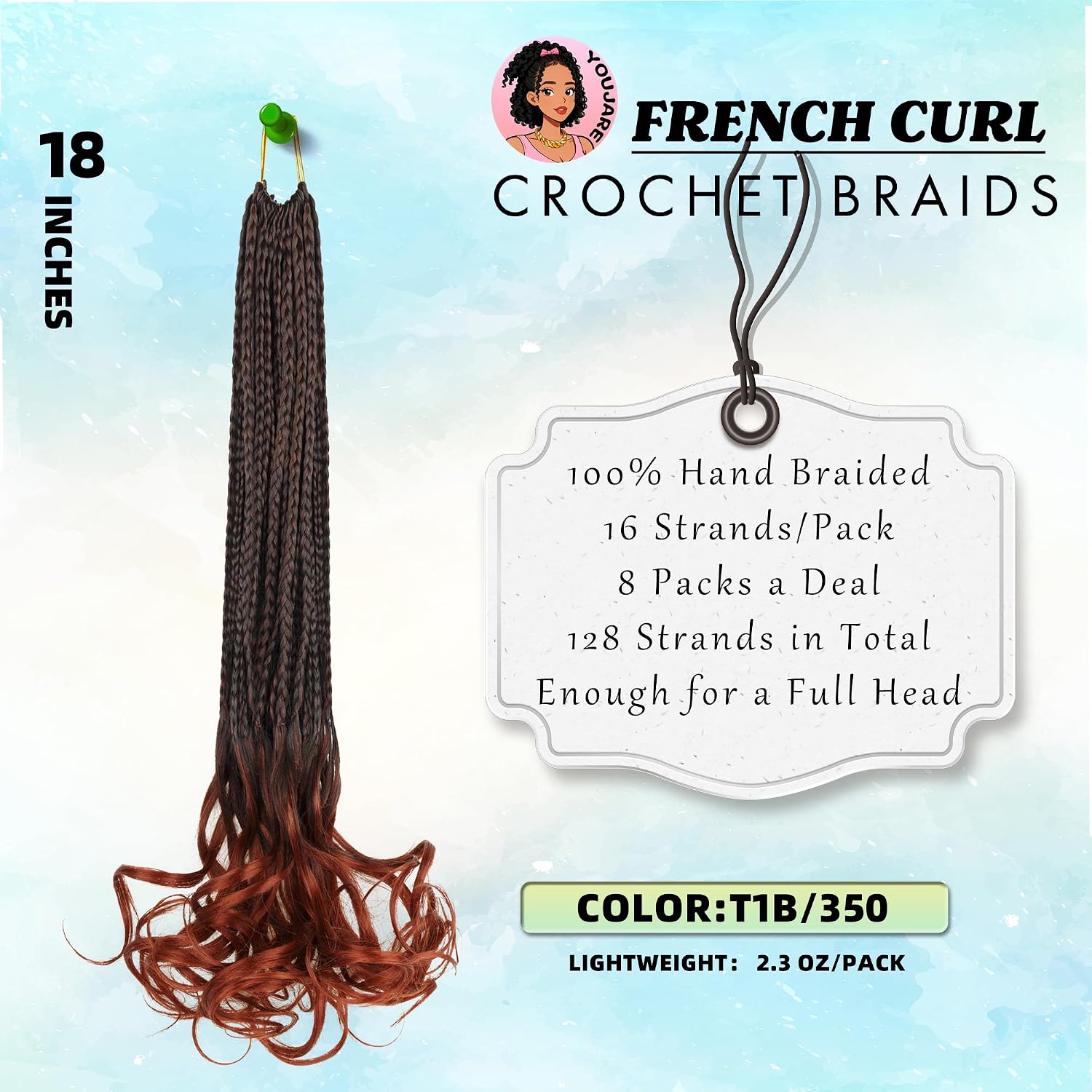 French Curl Crochet Braids for Black Women,18 Inches 8 Packs Ombre Ginger Red Pre Looped Goddess Box Braiding Hair with Curly Wavy Ends, Synthetic Hair Extensions(T1B/350)