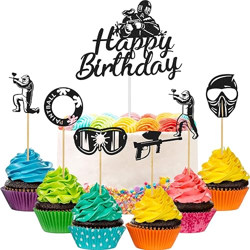 Miniatura 1 de Jetec 37 piezas de decoración para tartas de paintball, suministros de fiesta de cumpleaños, decoración de cupcakes de paintball, silueta con