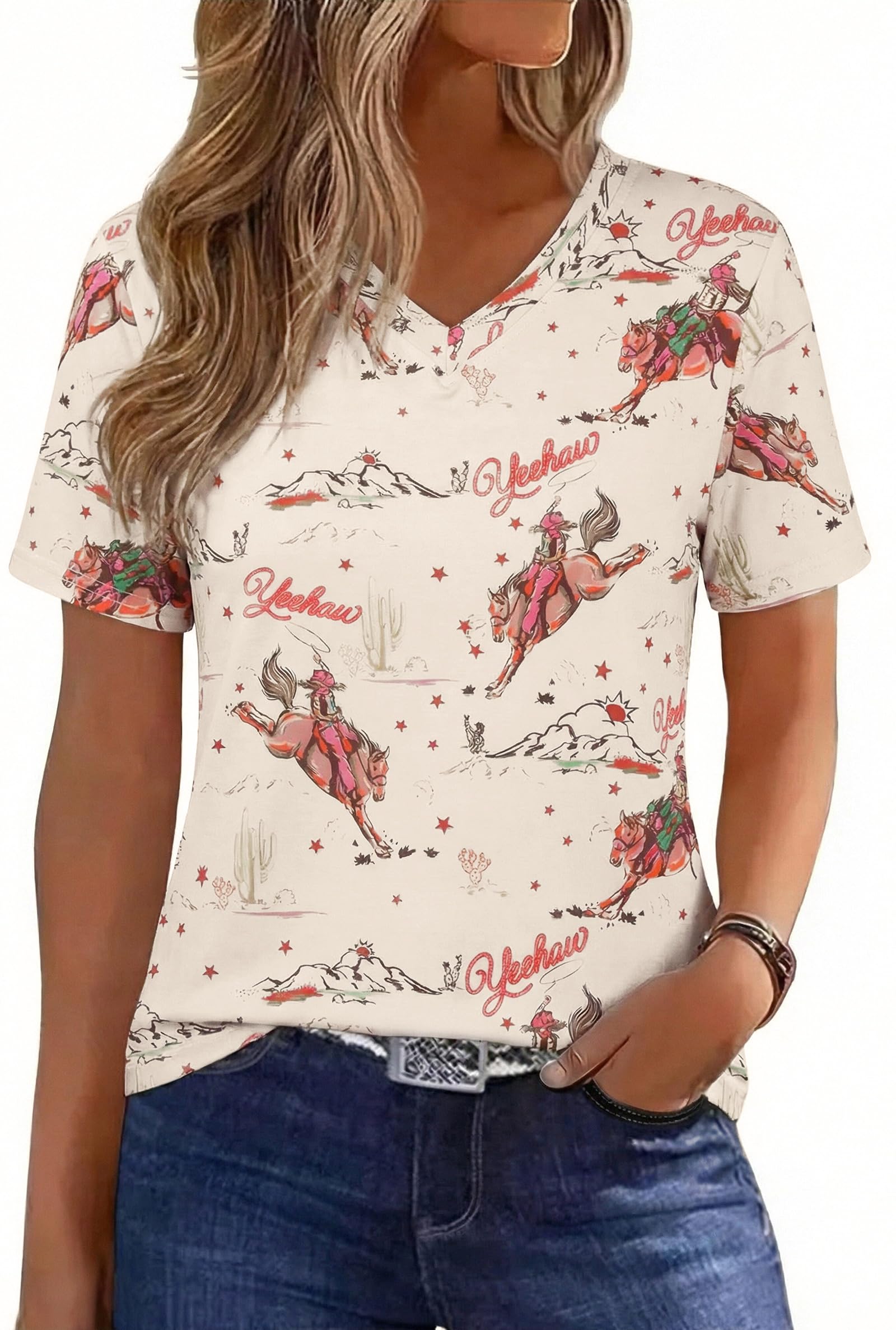 Western Shirts for Women Boho Cow Skull V Neck Tops Retro Cowgirl Rodeo Outfits Vintage Cowboy Graphic Tees
